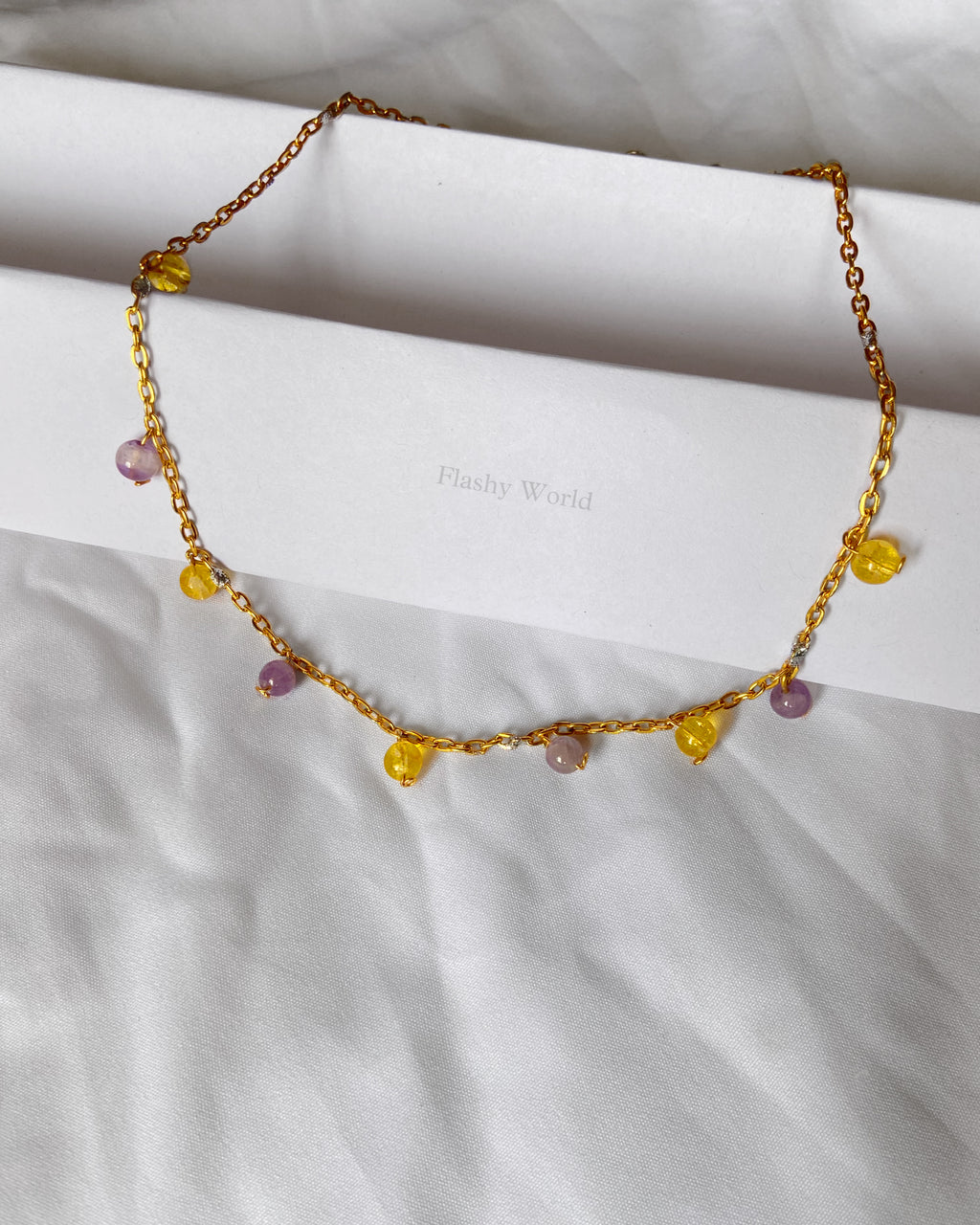 Handmade Citrine & Amethyst Minimal Necklace on Lifetime Golden Chain | Natural Crystal Necklace for Wealth, Calm & Positive Energy