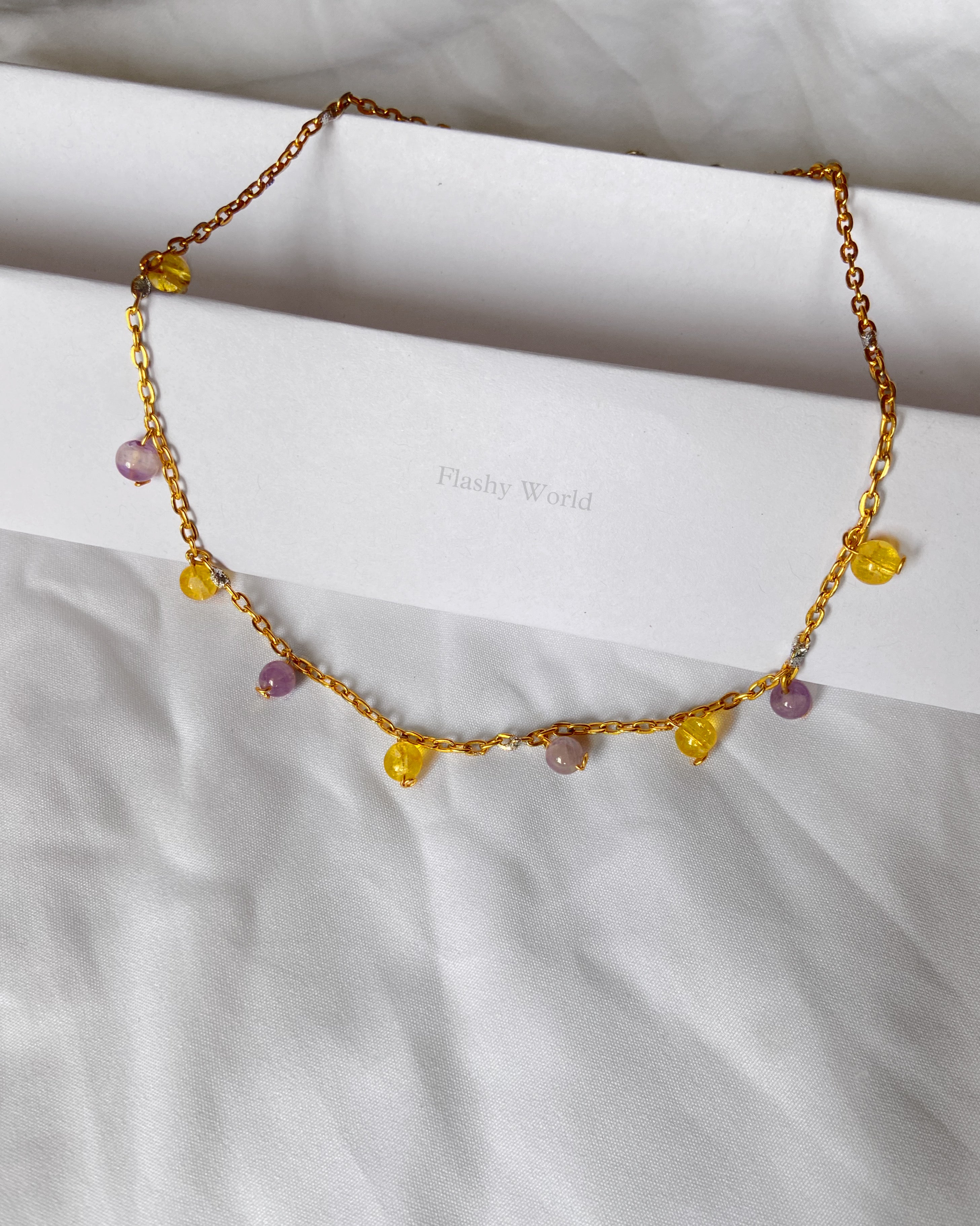 Handmade Citrine & Amethyst Minimal Necklace on Lifetime Golden Chain | Natural Crystal Necklace for Wealth, Calm & Positive Energy