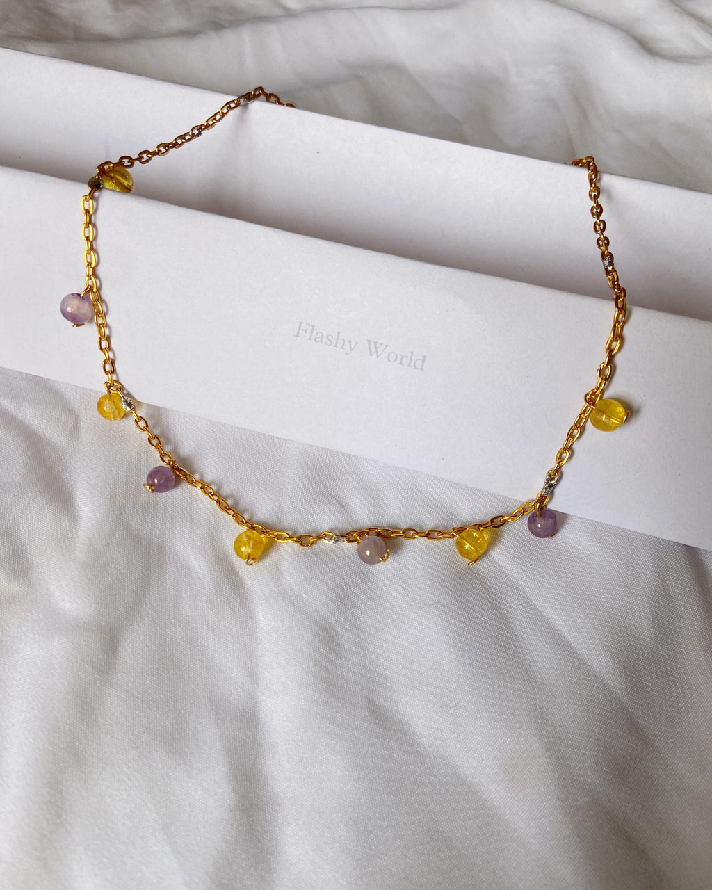 Handmade Citrine & Amethyst Minimal Necklace on Lifetime Golden Chain | Natural Crystal Necklace for Wealth, Calm & Positive Energy
