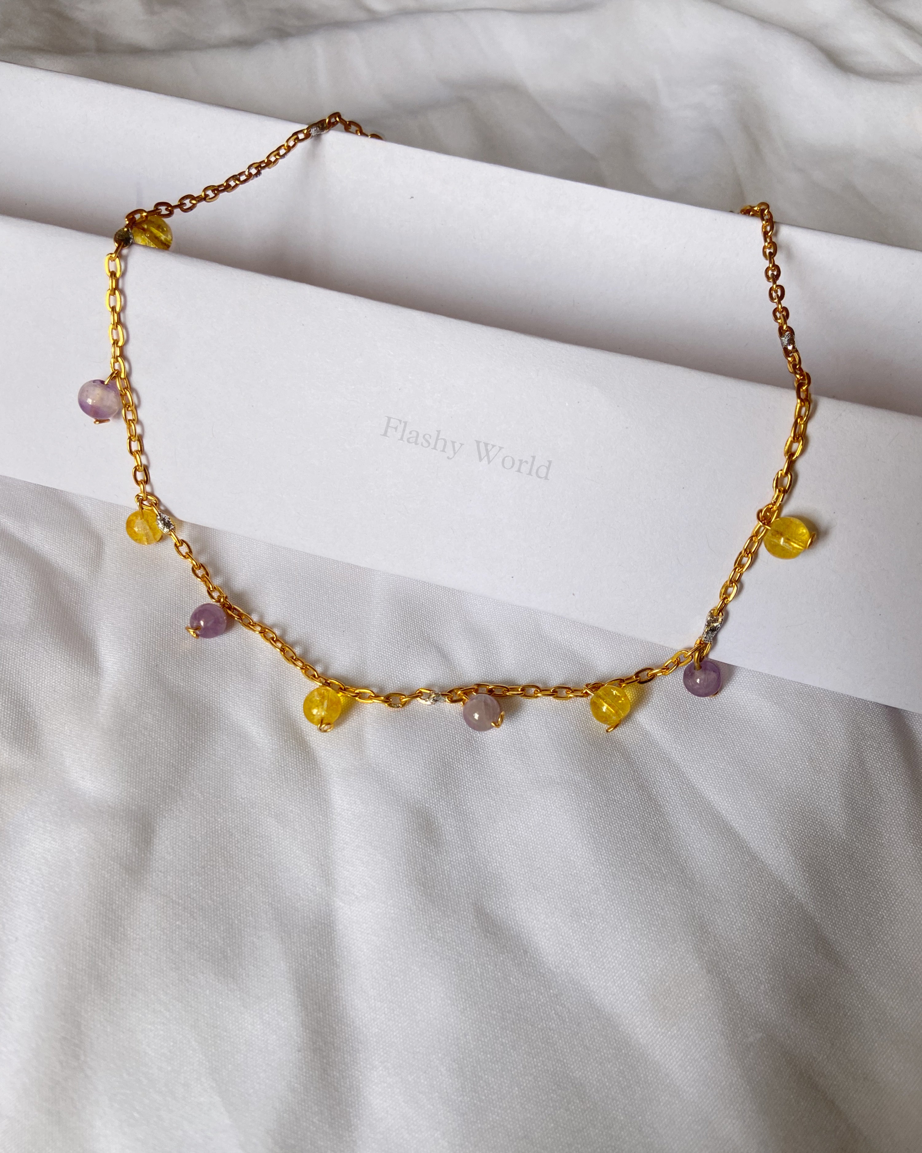 Handmade Citrine & Amethyst Minimal Necklace on Lifetime Golden Chain | Natural Crystal Necklace for Wealth, Calm & Positive Energy