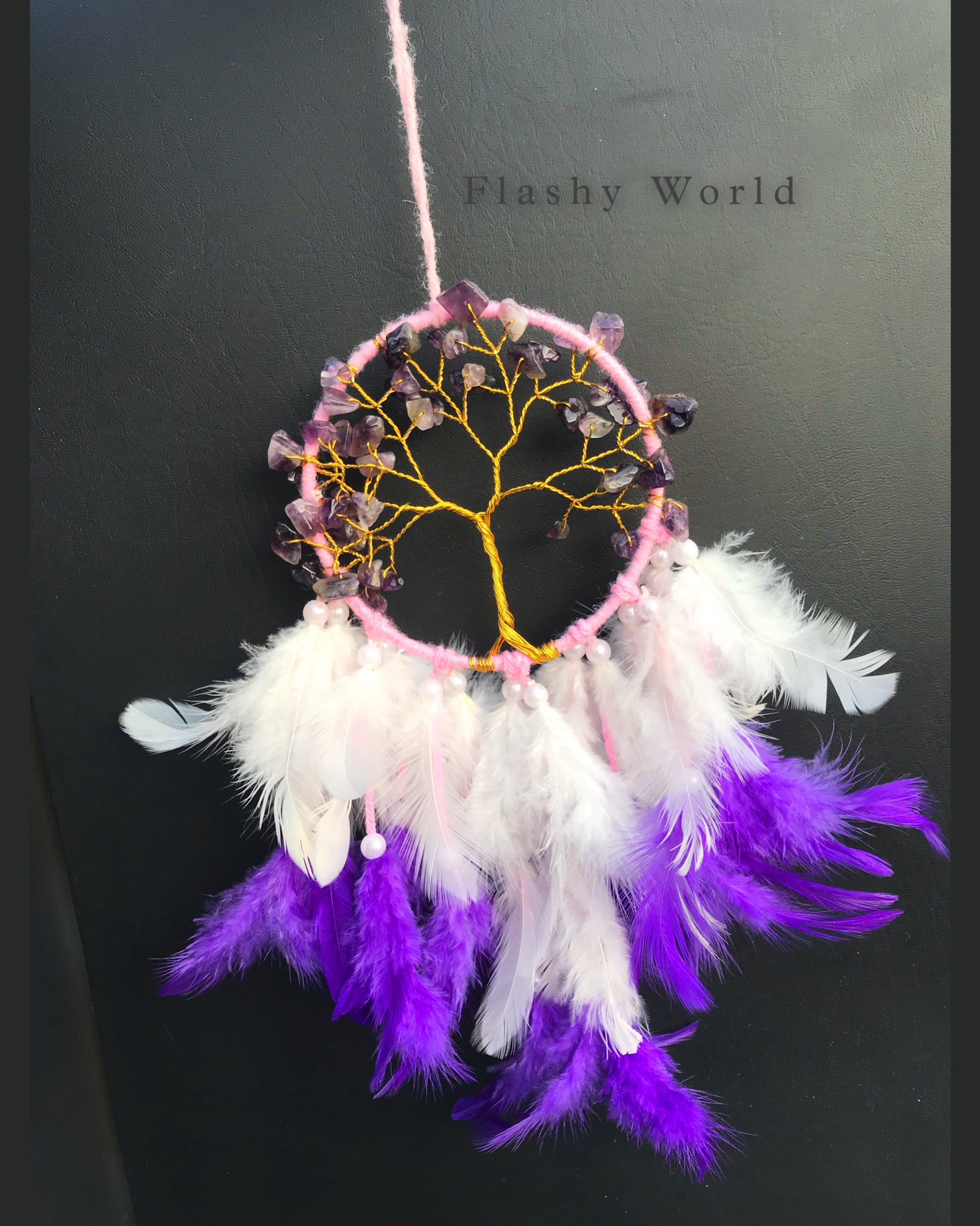 Handmade Amethyst Dream Catcher for Car – Natural Crystal Mini Dream Catcher with Real Feathers