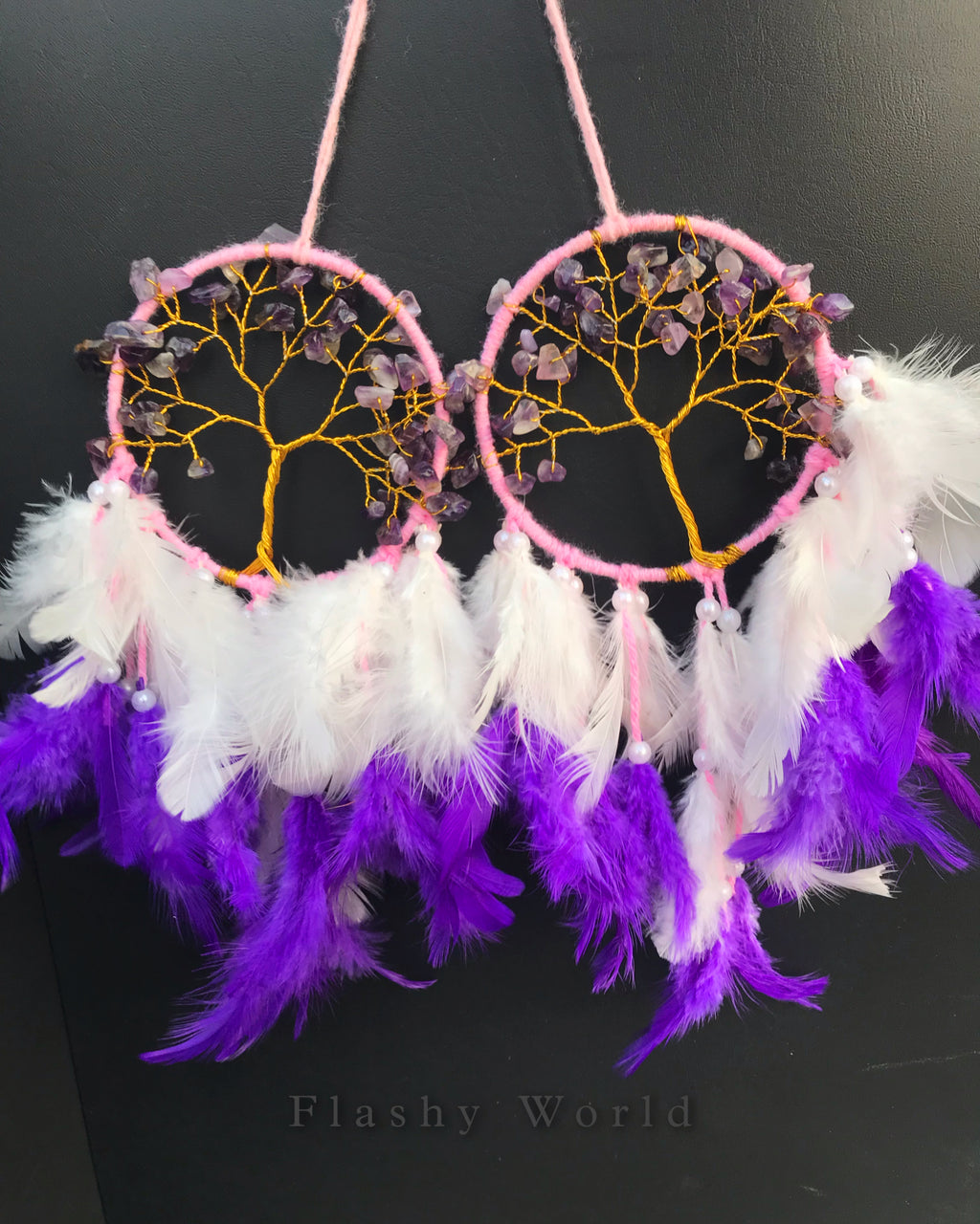 Handmade Amethyst Dream Catcher for Car – Natural Crystal Mini Dream Catcher with Real Feathers