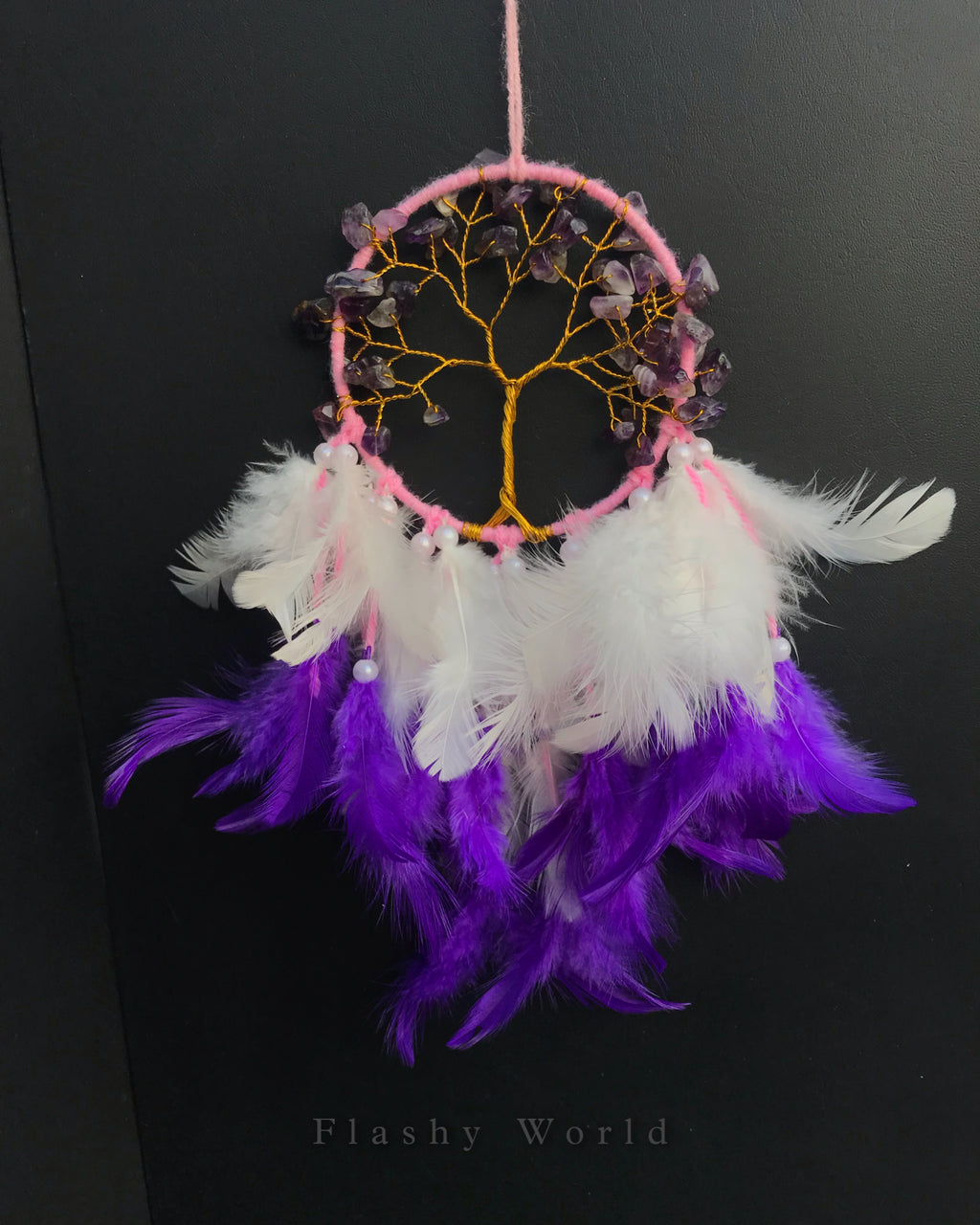 Handmade Amethyst Dream Catcher for Car – Natural Crystal Mini Dream Catcher with Real Feathers