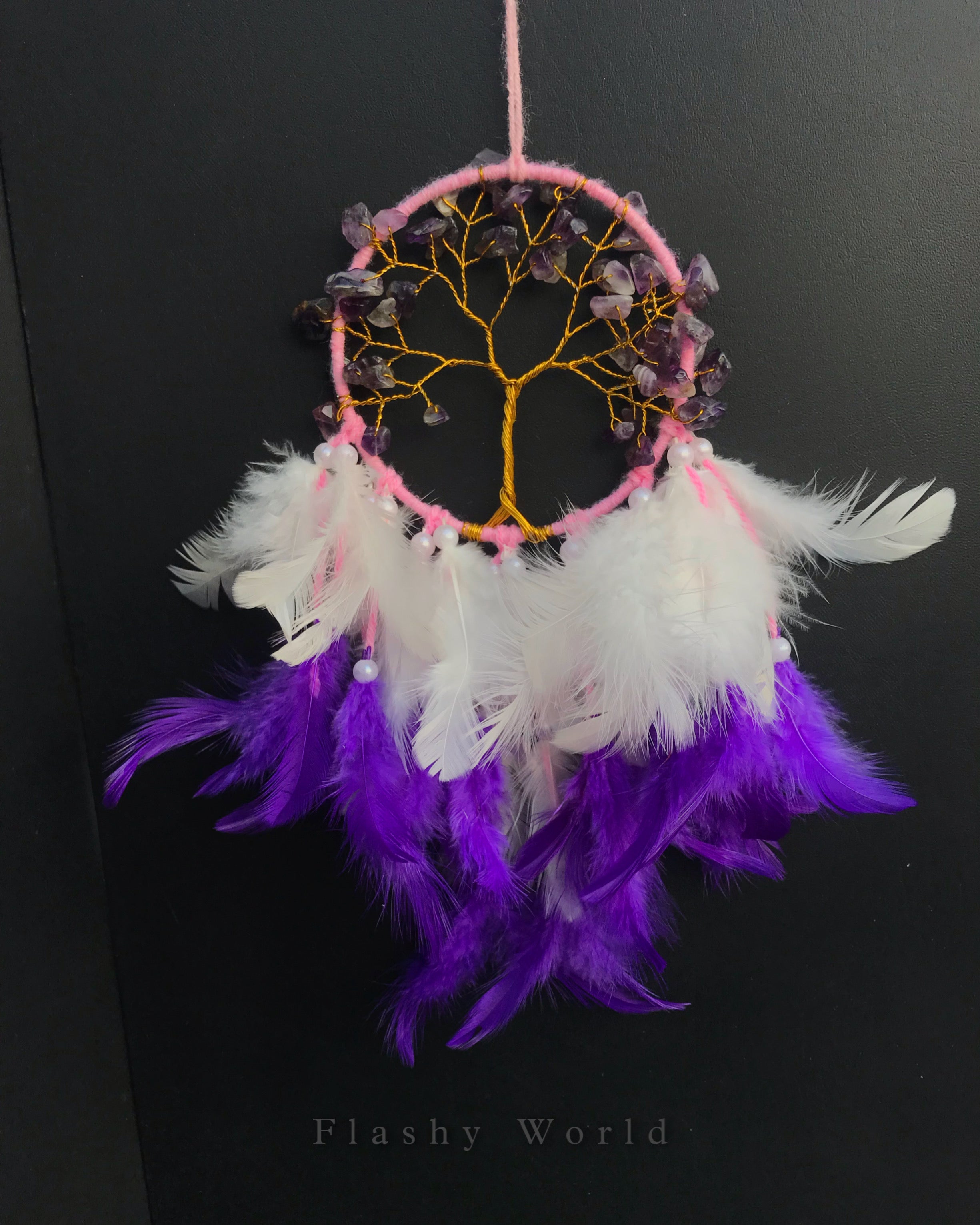 Handmade Amethyst Dream Catcher for Car – Natural Crystal Mini Dream Catcher with Real Feathers