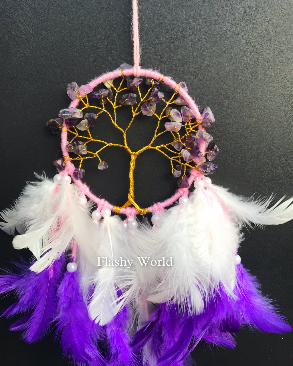 Handmade Amethyst Dream Catcher for Car – Natural Crystal Mini Dream Catcher with Real Feathers