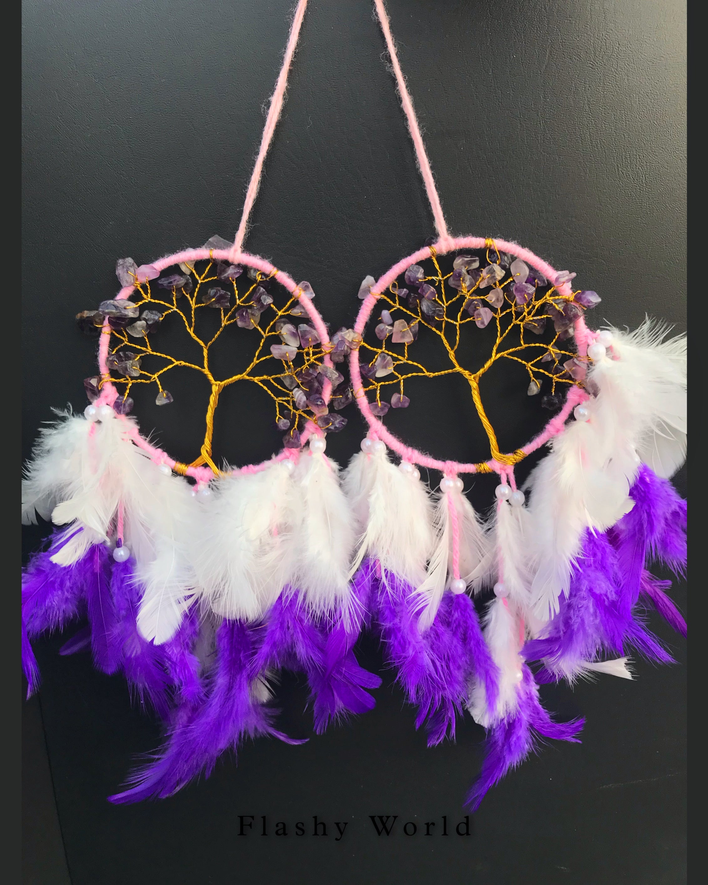 Handmade Amethyst Dream Catcher for Car – Natural Crystal Mini Dream Catcher with Real Feathers