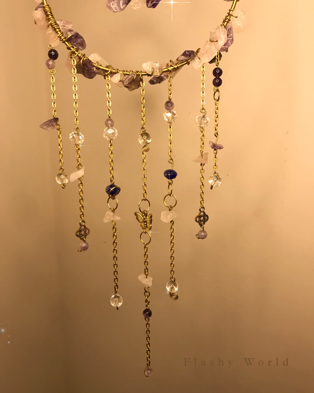 Golden Moon Amethyst Crystal Wall Hanger – Handmade Sun Catcher with Butterfly Charms & Beads for Positive Energy & Boho Home Décor