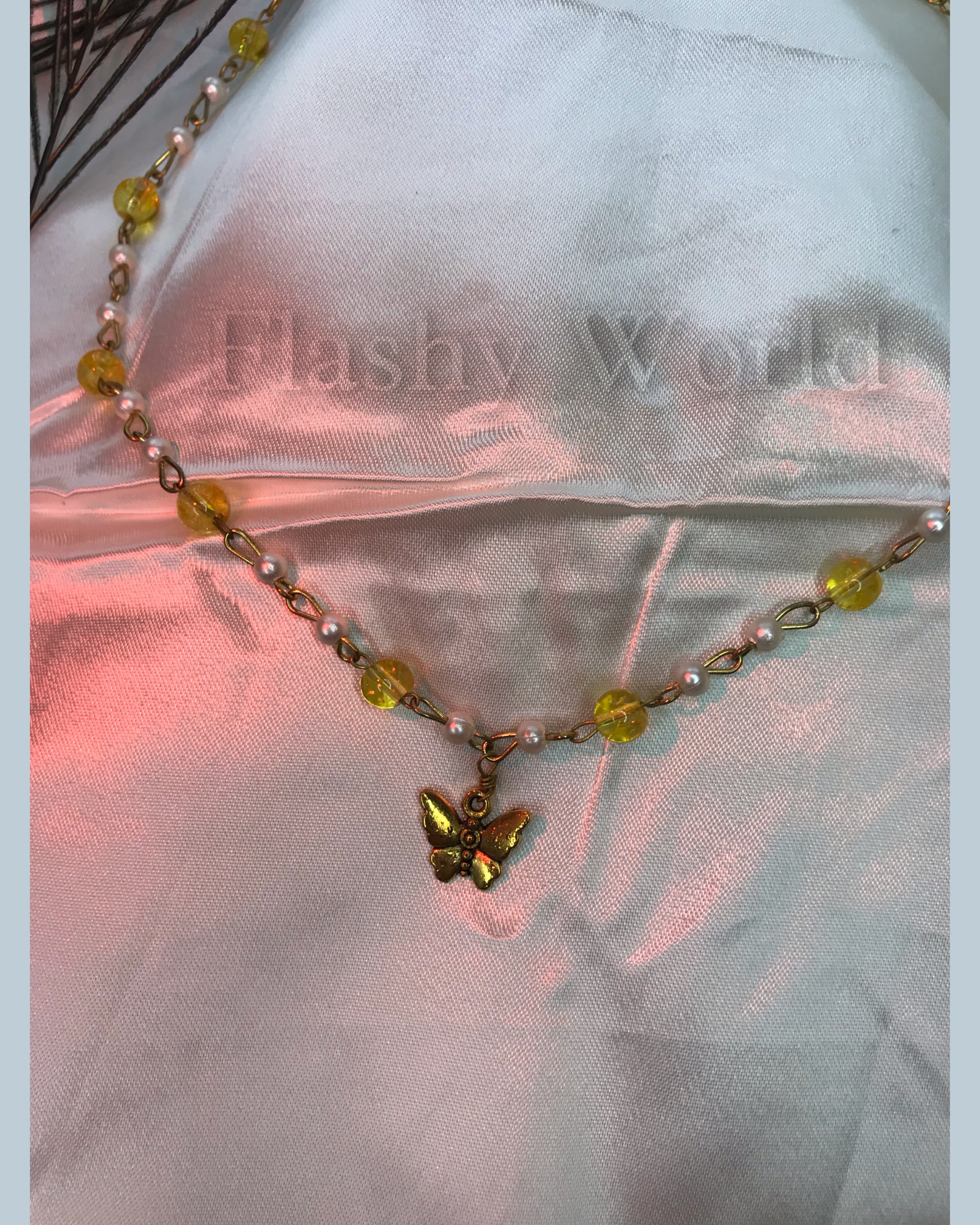 Handmade Citrine & Pearl Butterfly Charm Necklace – Minimal Aesthetic Girl’s Necklace | Golden Butterfly Pendant | Lightweight Floral Necklace for Everyday Wear