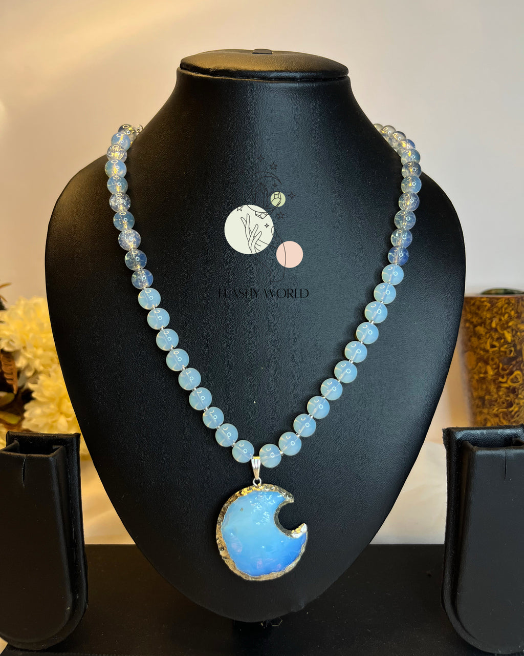 Opalite Moon Pendant Necklace – 8mm Beaded Healing Crystal Jewelry | Glow-in-Light Natural Stone Necklace