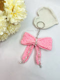 Handmade Crochet Bow Keychain with Rose Quartz & Pearls – Cute Pink Aesthetic Bag Charm | Best Gift for Girls