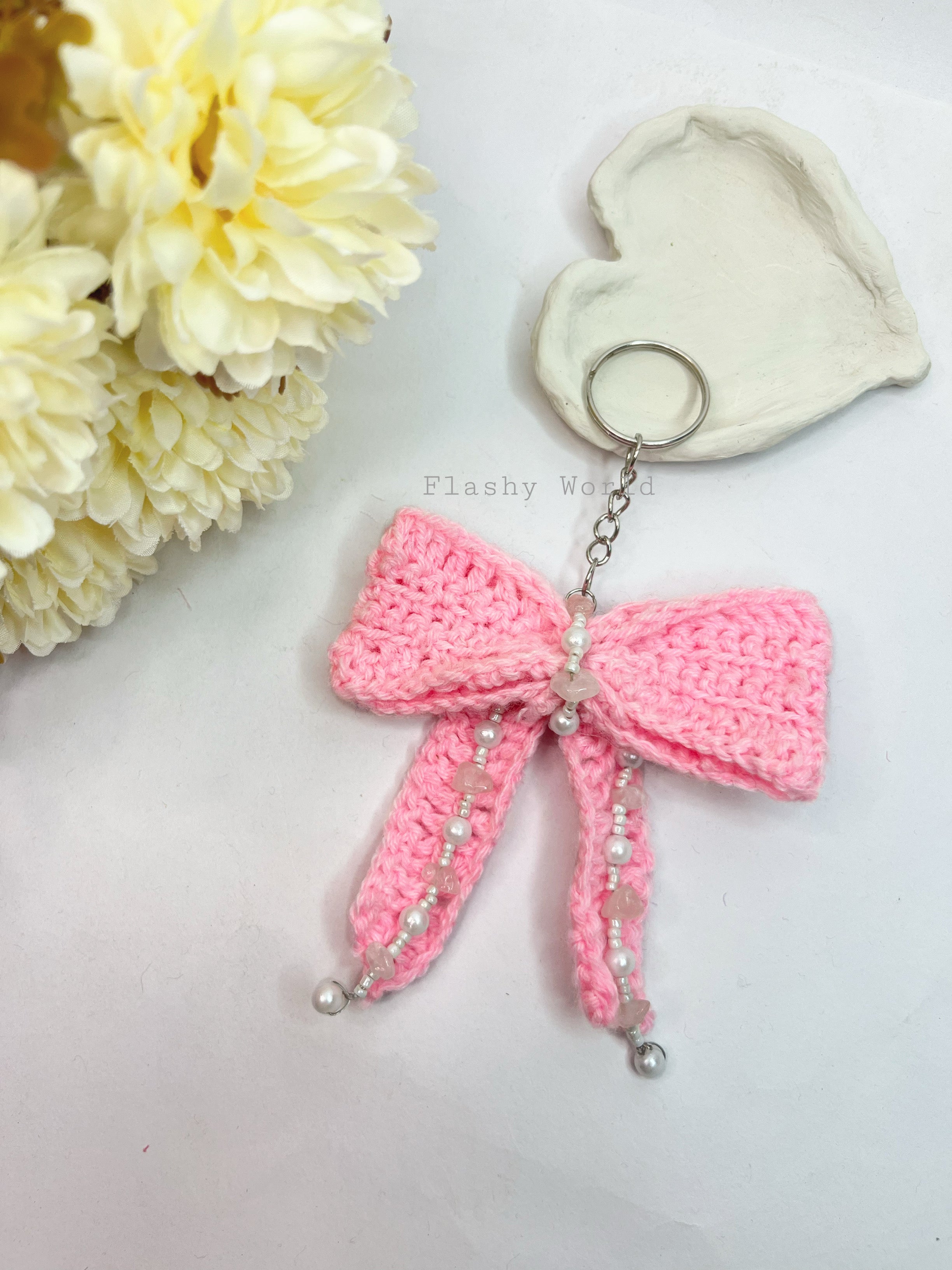 Handmade Crochet Bow Keychain with Rose Quartz & Pearls – Cute Pink Aesthetic Bag Charm | Best Gift for Girls