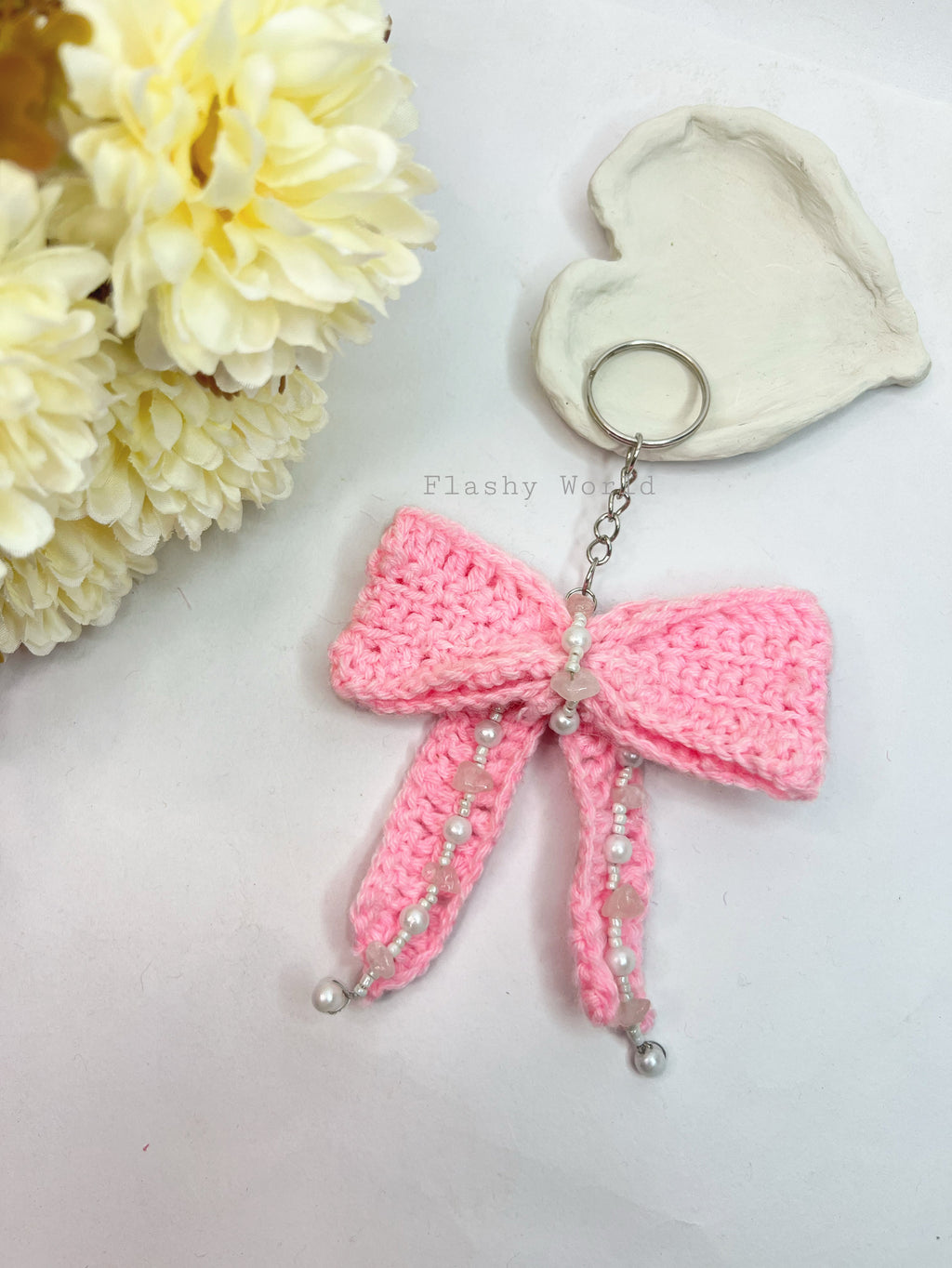 Handmade Crochet Bow Keychain with Rose Quartz & Pearls – Cute Pink Aesthetic Bag Charm | Best Gift for Girls