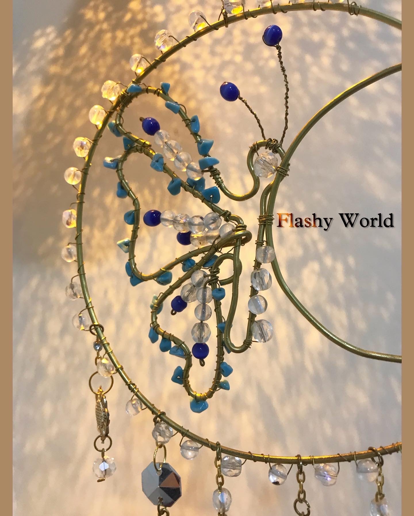 Golden Moon Turquoise Crystal Sun Catcher – Handmade Butterfly Wire Art Hanger with Rainbow Prism Beads & Boho Home Décor
