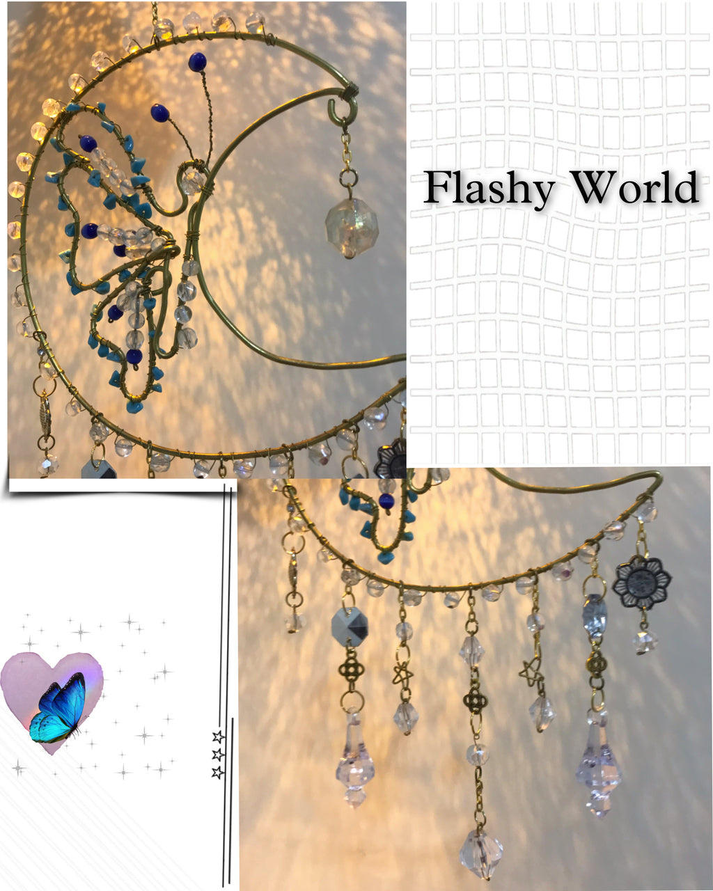 Golden Moon Turquoise Crystal Sun Catcher – Handmade Butterfly Wire Art Hanger with Rainbow Prism Beads & Boho Home Décor