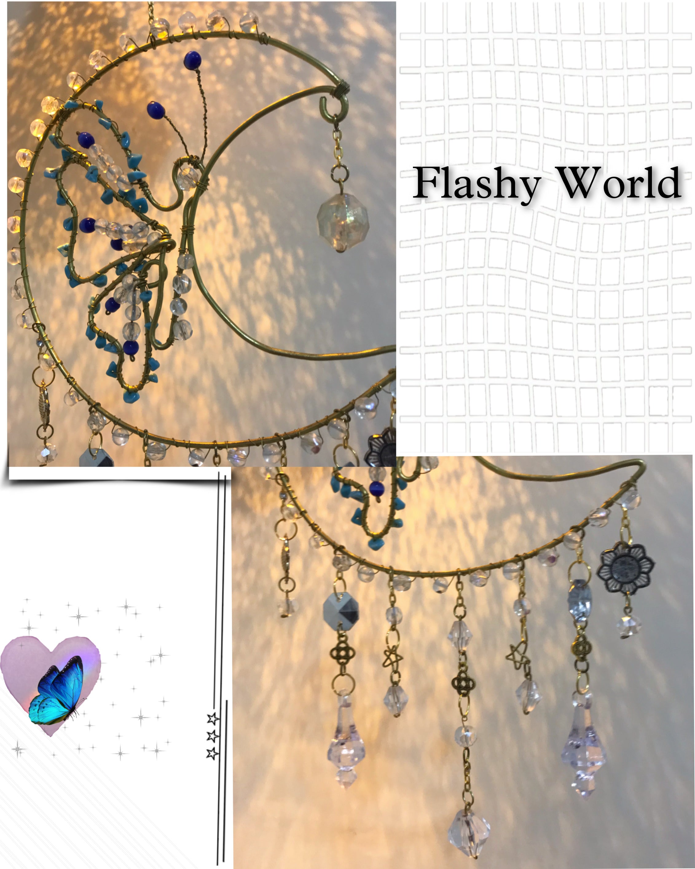 Golden Moon Turquoise Crystal Sun Catcher – Handmade Butterfly Wire Art Hanger with Rainbow Prism Beads & Boho Home Décor