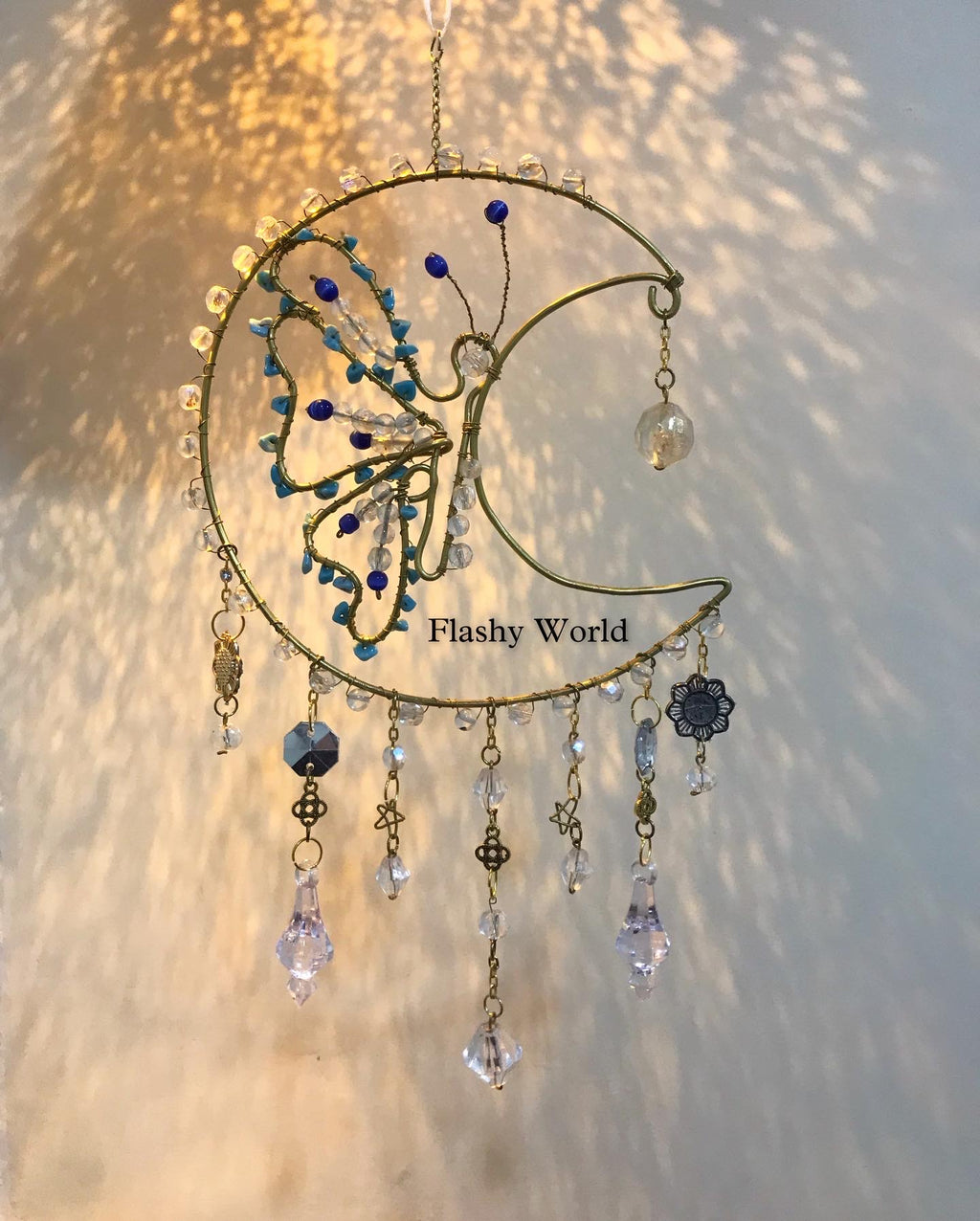 Golden Moon Turquoise Crystal Sun Catcher – Handmade Butterfly Wire Art Hanger with Rainbow Prism Beads & Boho Home Décor