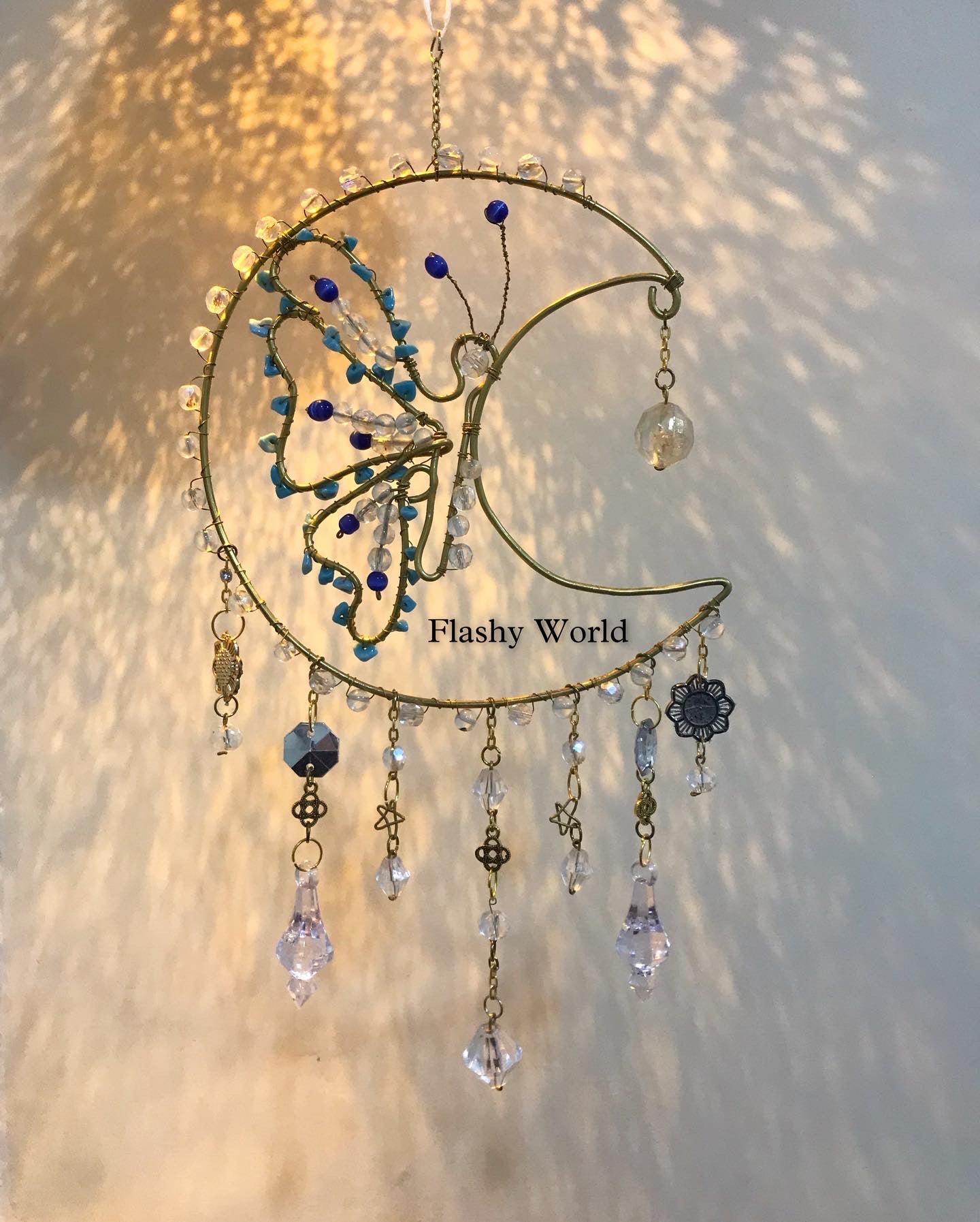 Golden Moon Turquoise Crystal Sun Catcher – Handmade Butterfly Wire Art Hanger with Rainbow Prism Beads & Boho Home Décor