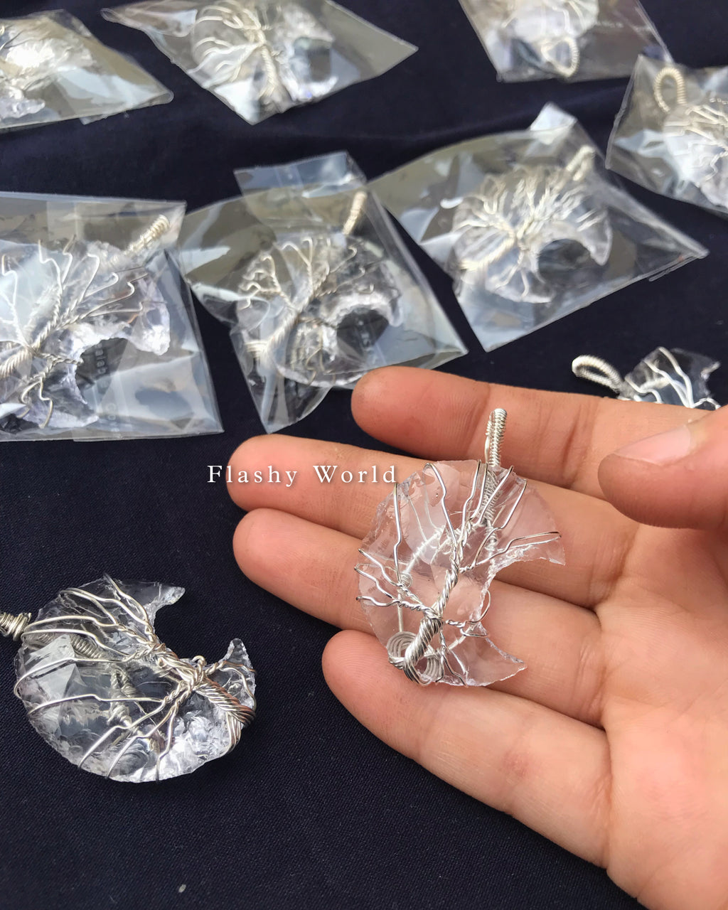 Clear Quartz Moon Pendant – Silver Wire Wrapped | Natural Crystal Necklace with Free Chain