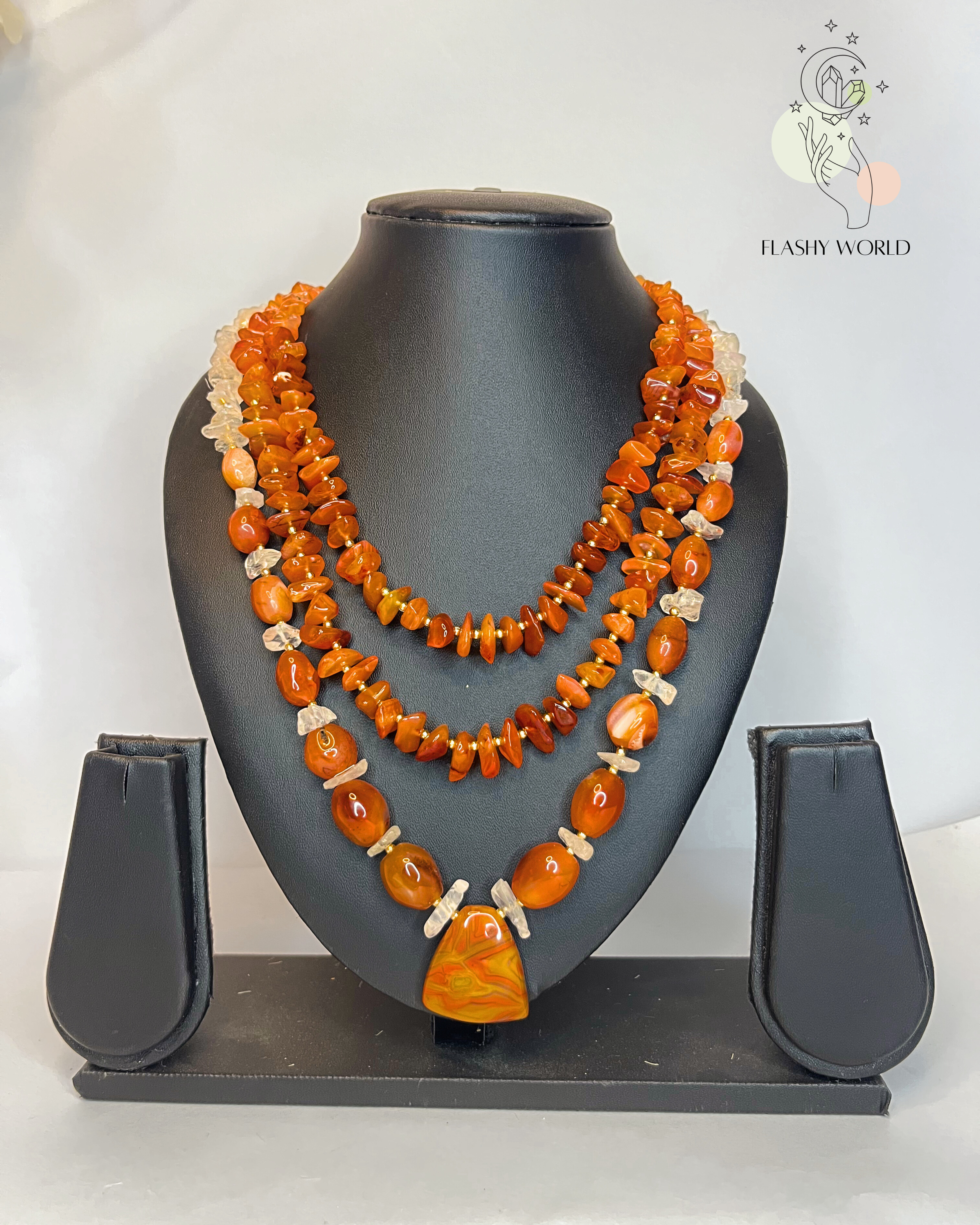 Handmade Three-Layer Carnelian & Clear Quartz Statement Necklace | Traditional & Festive Crystal Jewelry