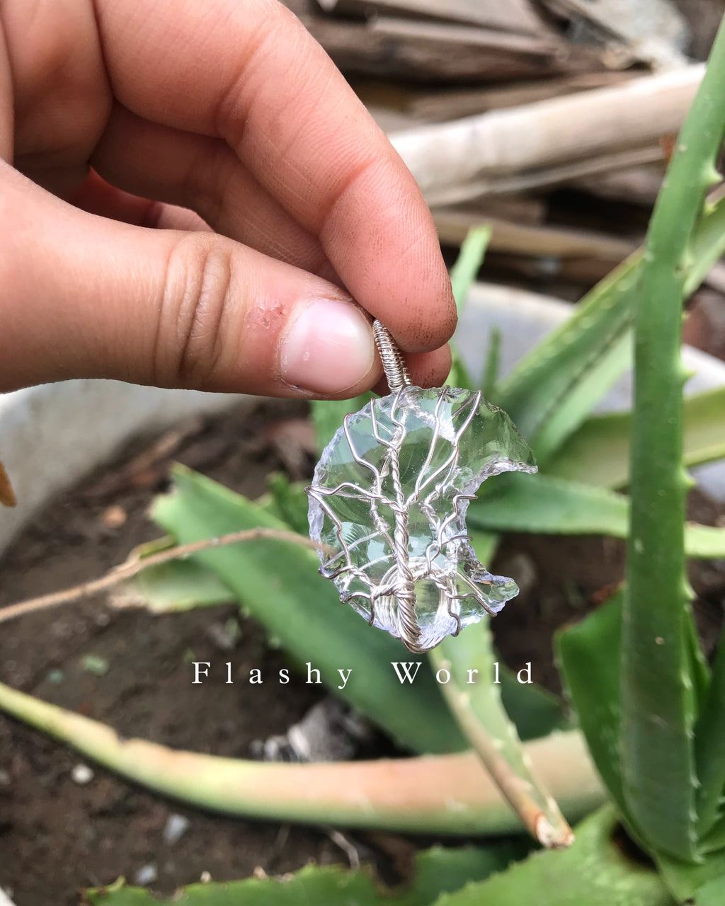 Clear Quartz Moon Pendant – Silver Wire Wrapped | Natural Crystal Necklace with Free Chain