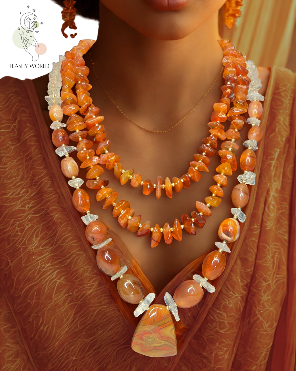 Handmade Three-Layer Carnelian & Clear Quartz Statement Necklace | Traditional & Festive Crystal Jewelry