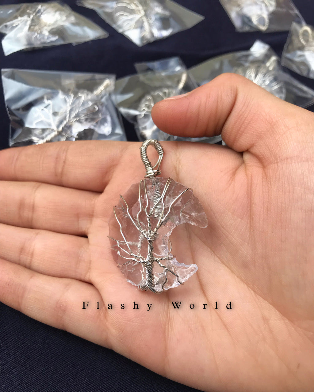 Clear Quartz Moon Pendant – Silver Wire Wrapped | Natural Crystal Necklace with Free Chain