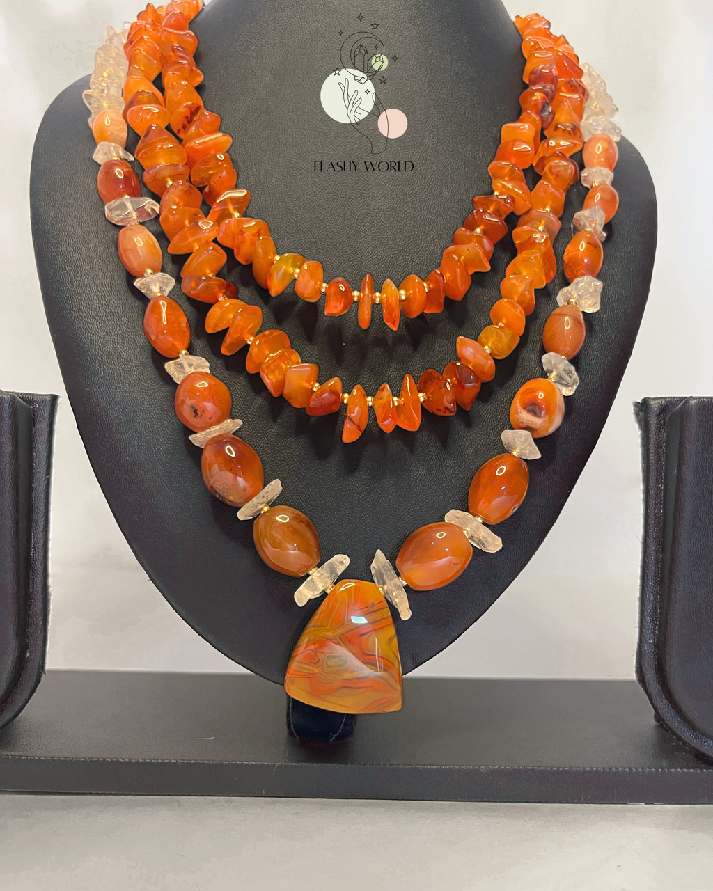 Handmade Three-Layer Carnelian & Clear Quartz Statement Necklace | Traditional & Festive Crystal Jewelry