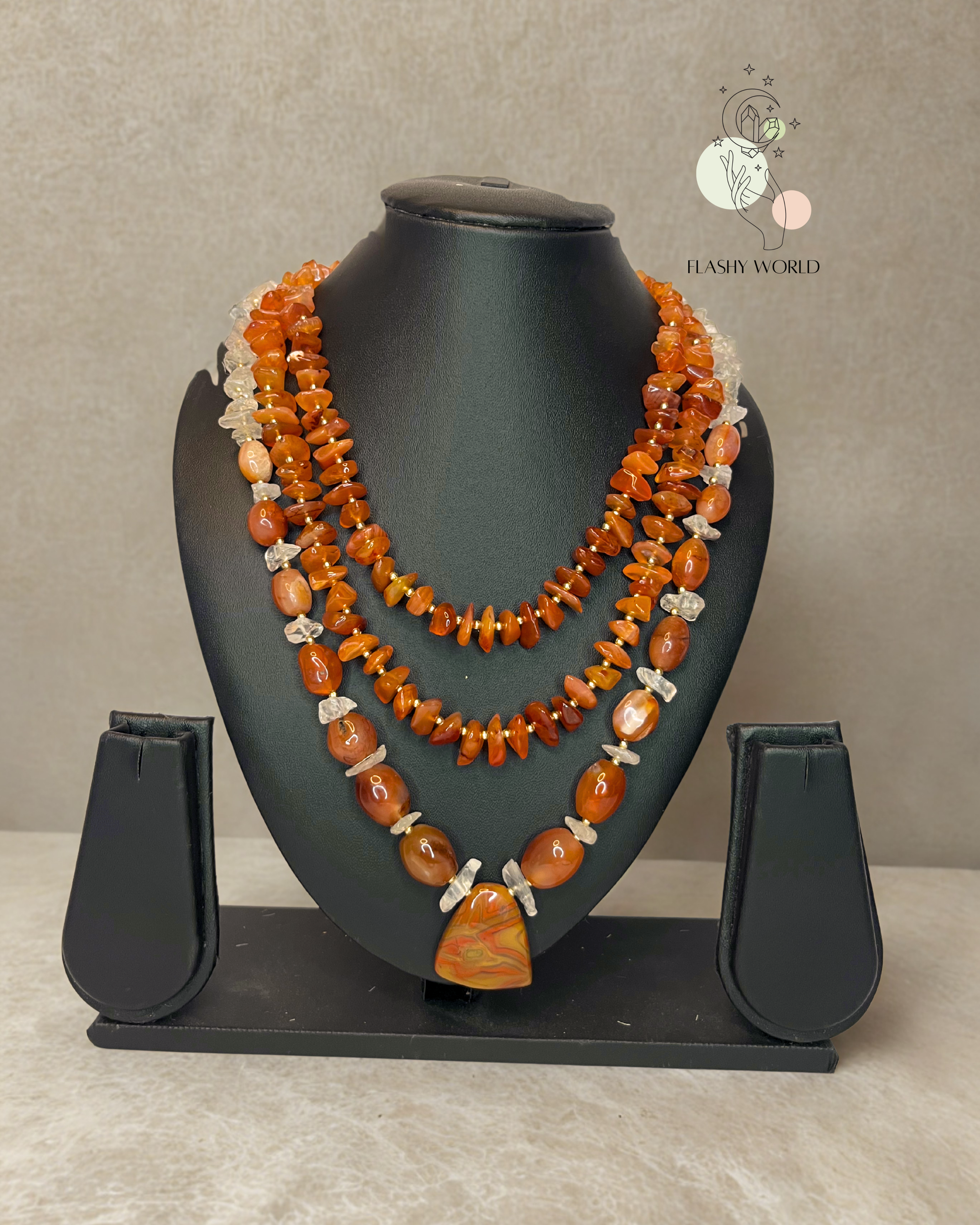 Handmade Three-Layer Carnelian & Clear Quartz Statement Necklace | Traditional & Festive Crystal Jewelry