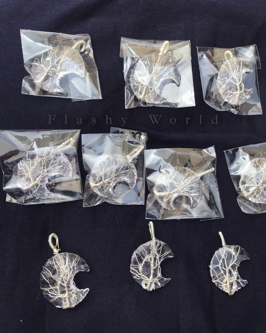 Clear Quartz Moon Pendant – Silver Wire Wrapped | Natural Crystal Necklace with Free Chain