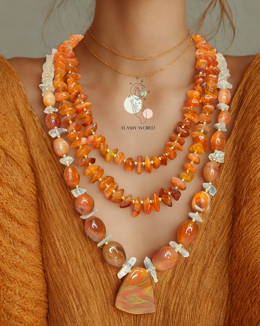 Handmade Three-Layer Carnelian & Clear Quartz Statement Necklace | Traditional & Festive Crystal Jewelry