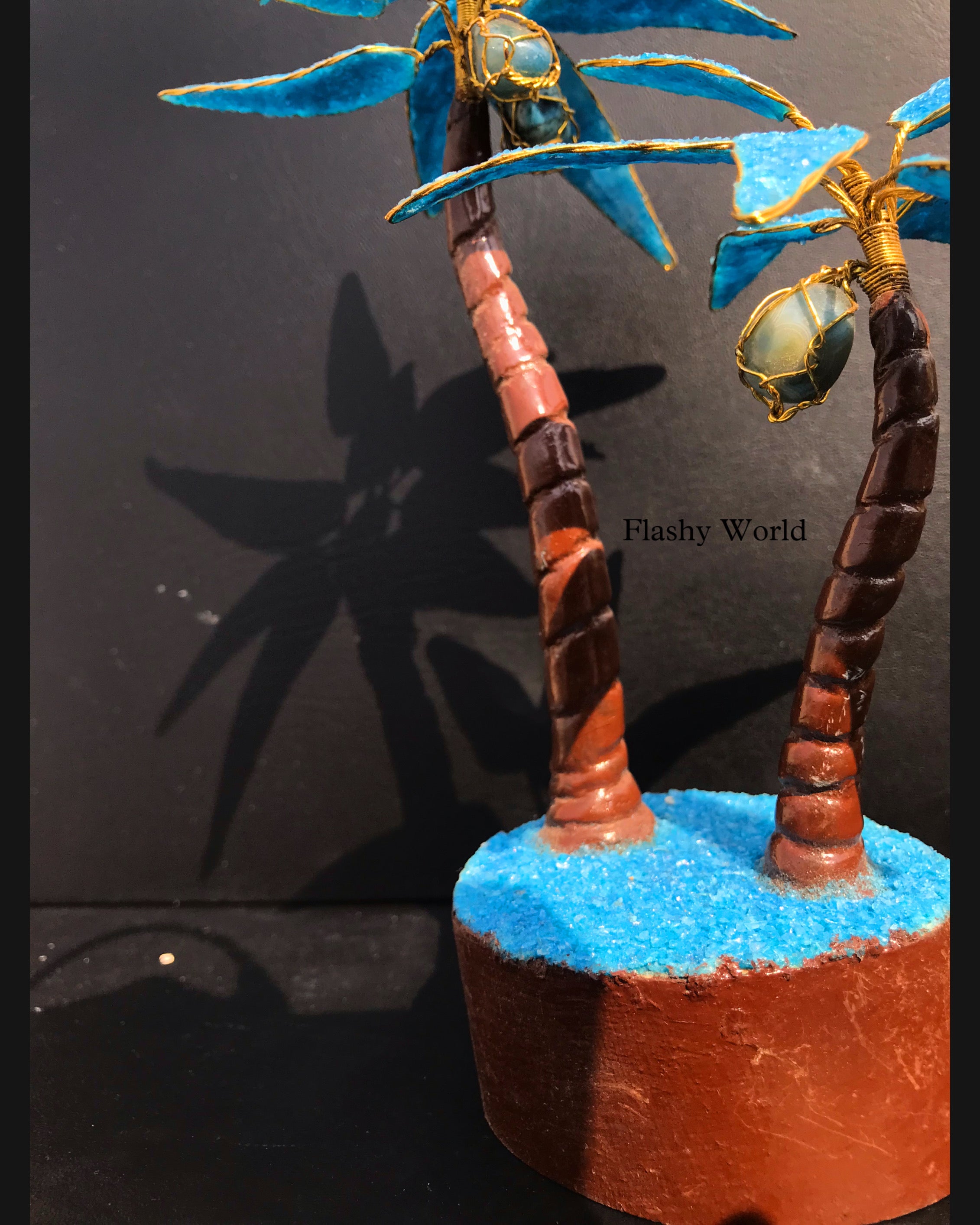 Blue Crystal Coconut Tree with Green Aventurine Stones & Wooden Base | Handmade Energy Tree for Positivity, Prosperity & Tropical Decor