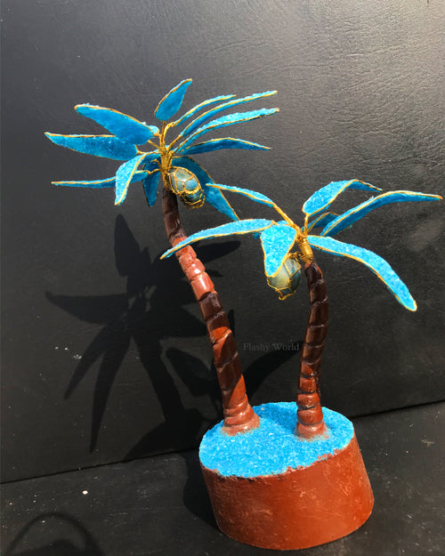 Blue Crystal Coconut Tree with Green Aventurine Stones & Wooden Base | Handmade Energy Tree for Positivity, Prosperity & Tropical Decor