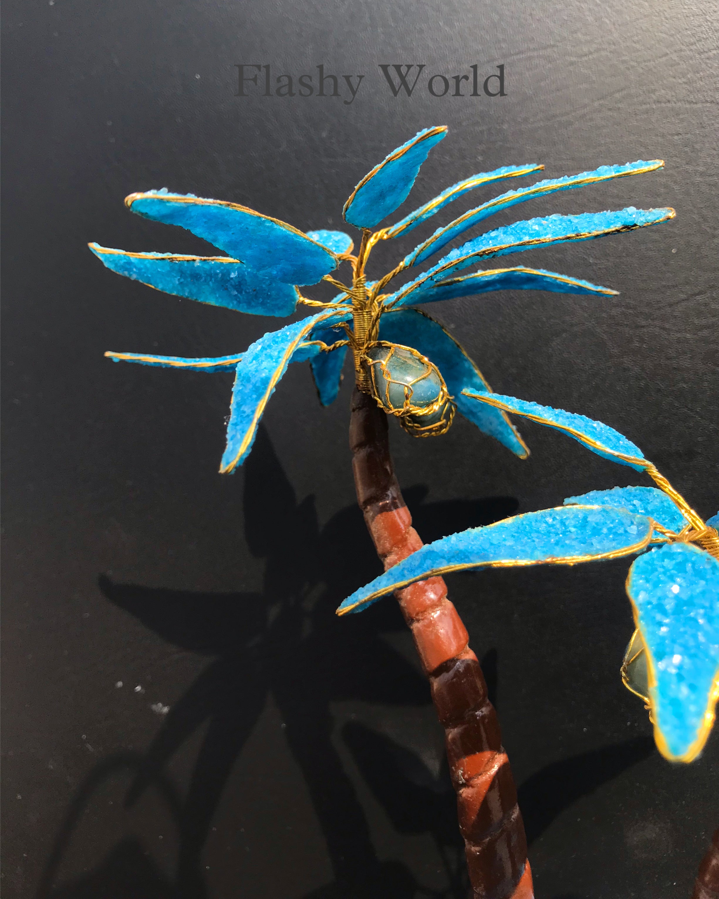 Blue Crystal Coconut Tree with Green Aventurine Stones & Wooden Base | Handmade Energy Tree for Positivity, Prosperity & Tropical Decor