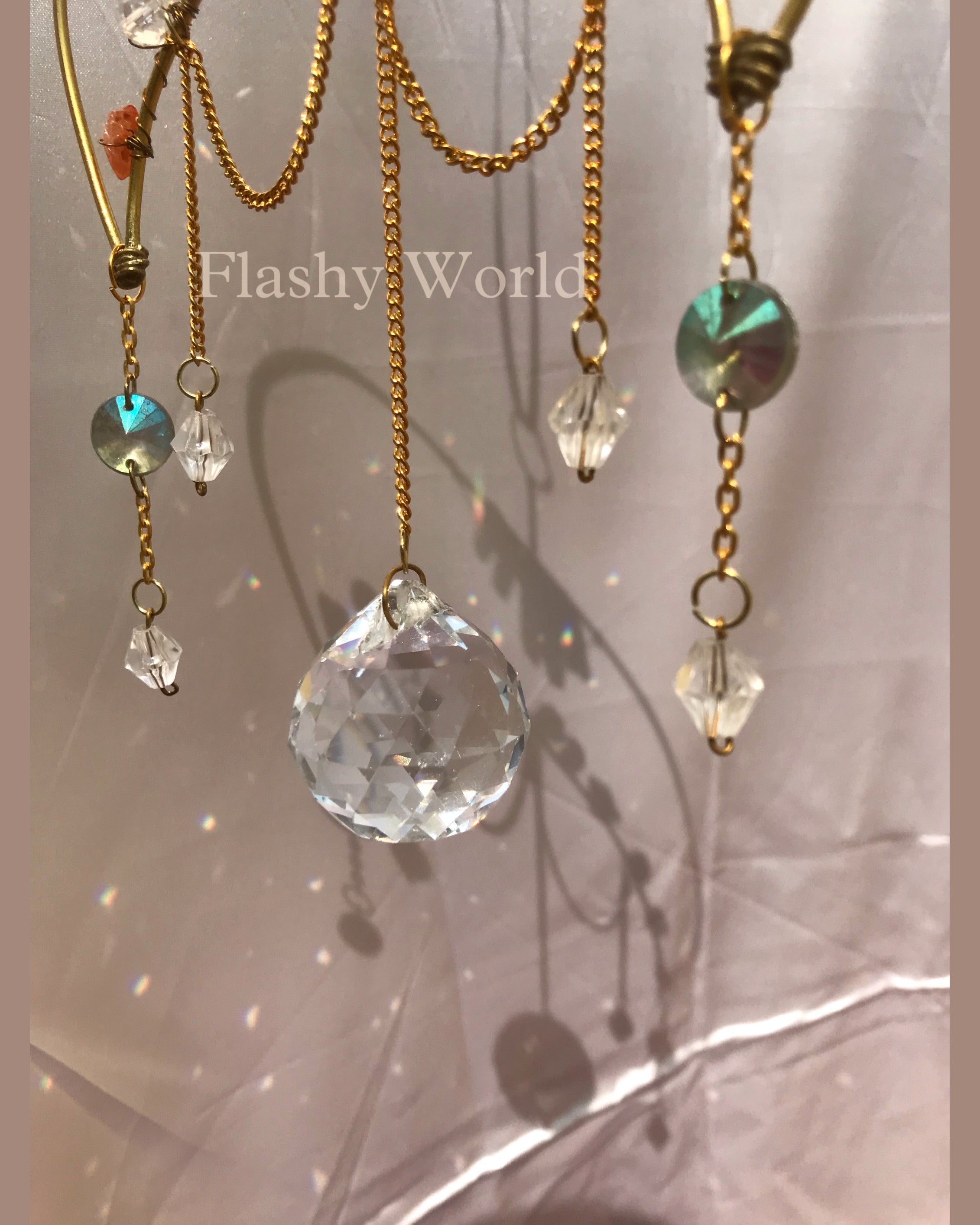 Golden Moon Carnelian Crystal Sun Catcher – Handmade Upside-Down Moon Hanger with Crystal Balls for Positive Energy & Boho Home Décor