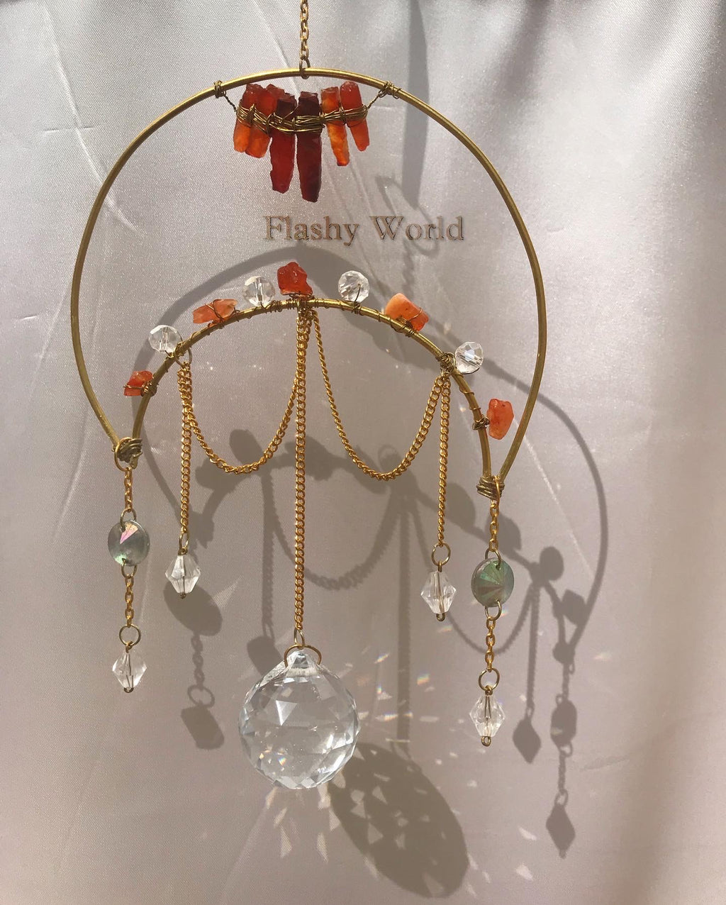 Golden Moon Carnelian Crystal Sun Catcher – Handmade Upside-Down Moon Hanger with Crystal Balls for Positive Energy & Boho Home Décor