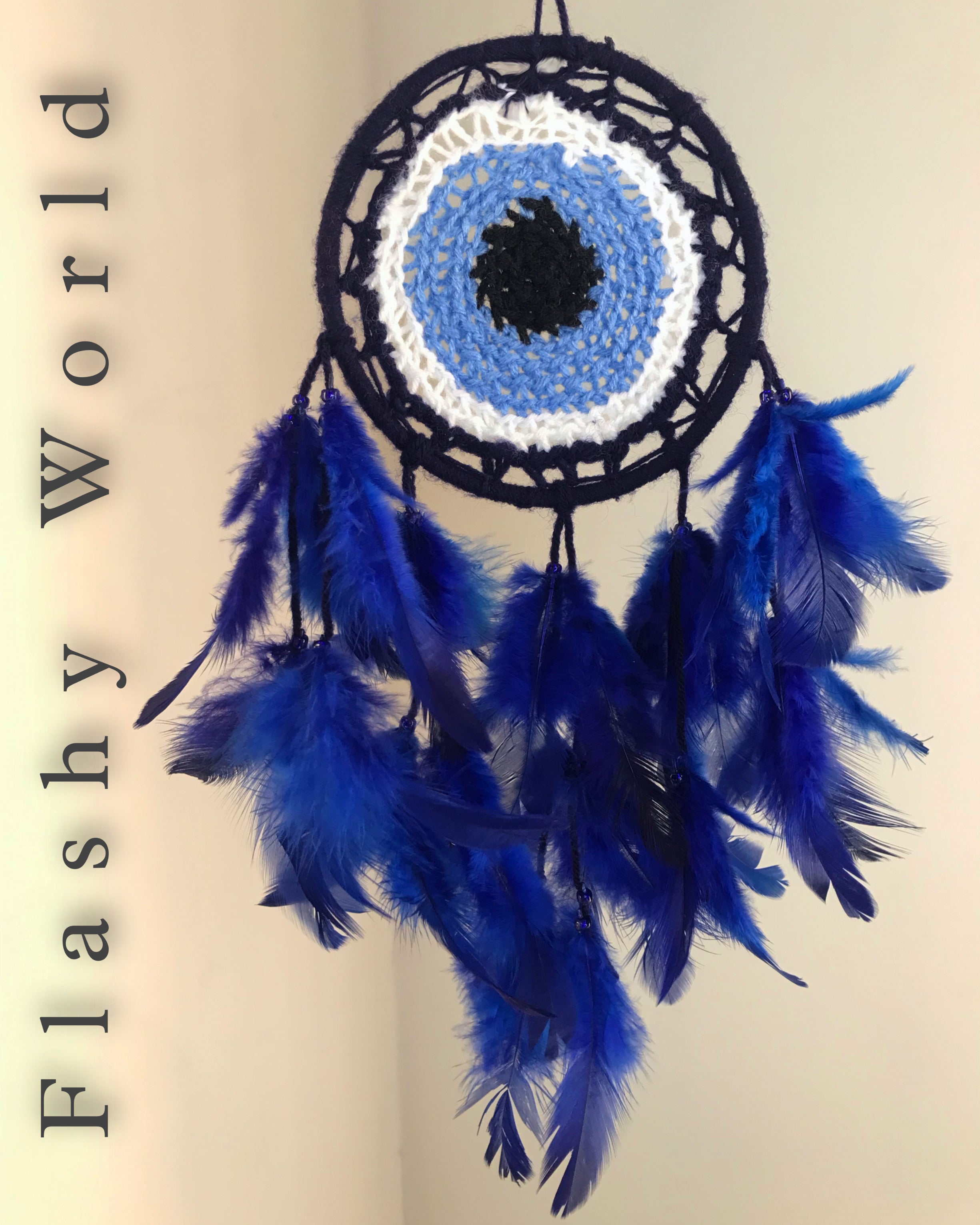 Mini Car Dream Catcher with Woolen Evil Eye & Blue-White Feathers | Handmade Car Hanging for Protection, Positivity & Good Luck