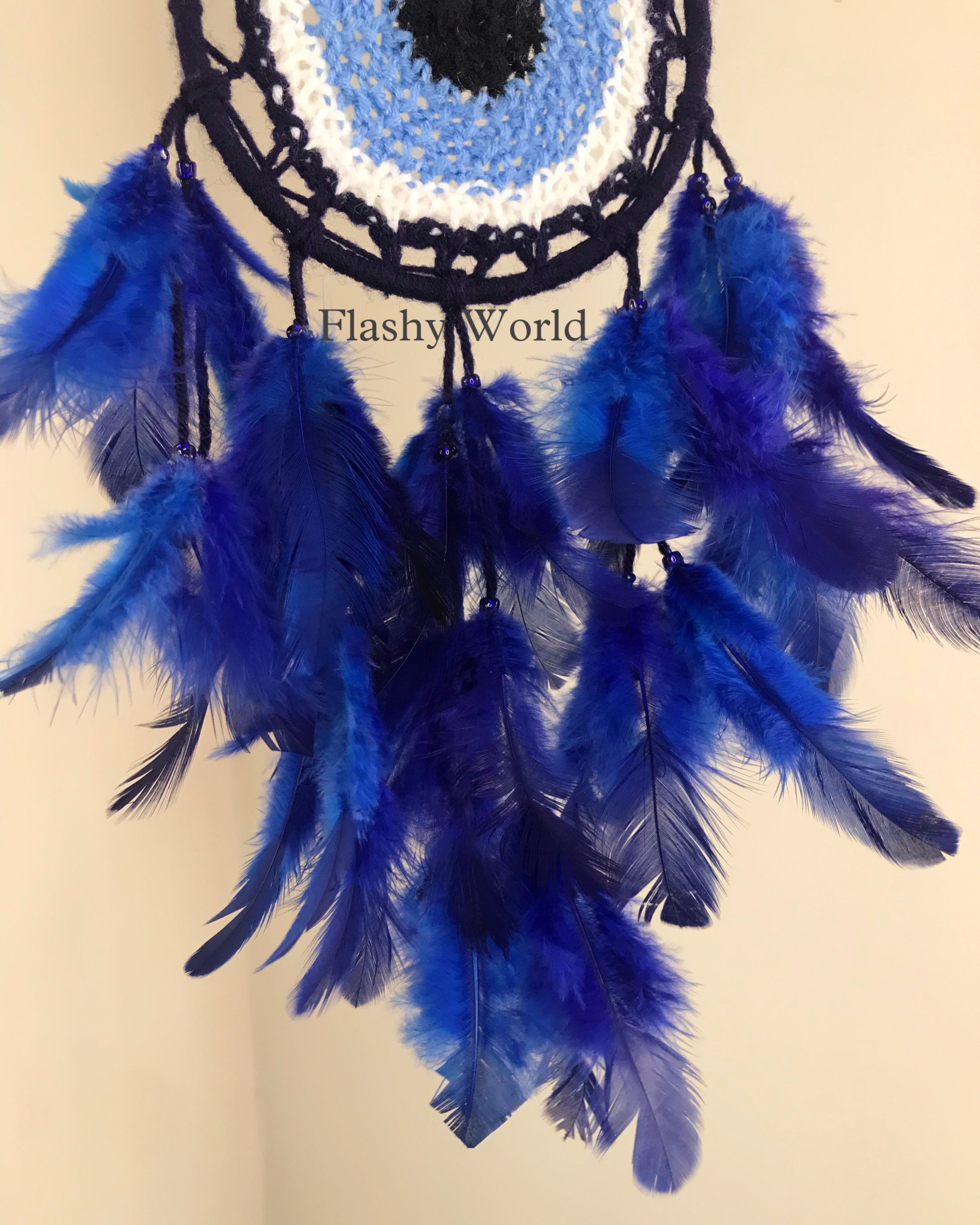 Mini Car Dream Catcher with Woolen Evil Eye & Blue-White Feathers | Handmade Car Hanging for Protection, Positivity & Good Luck