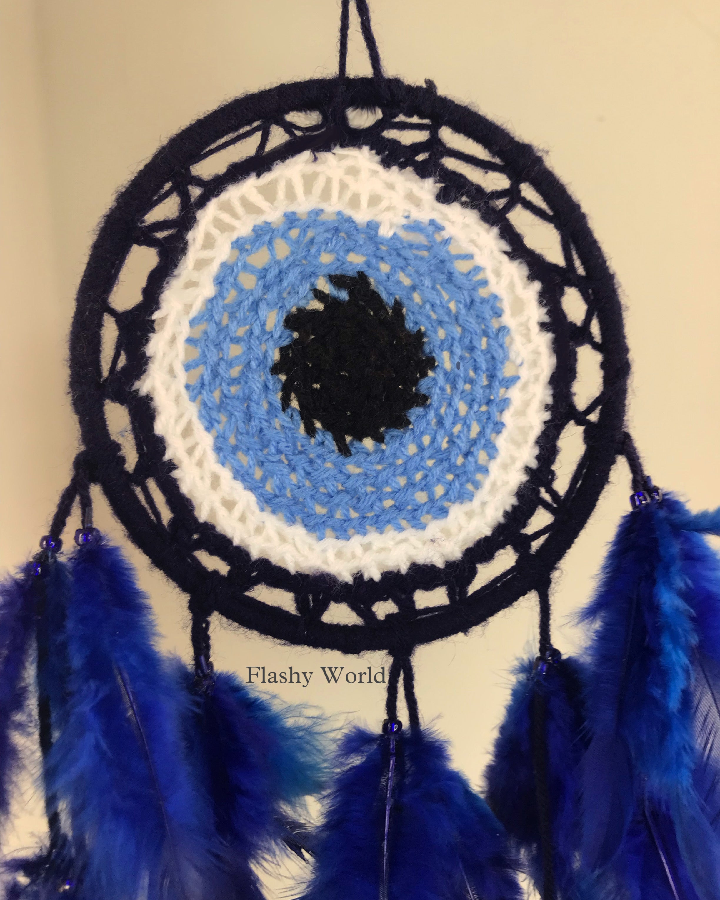 Mini Car Dream Catcher with Woolen Evil Eye & Blue-White Feathers | Handmade Car Hanging for Protection, Positivity & Good Luck