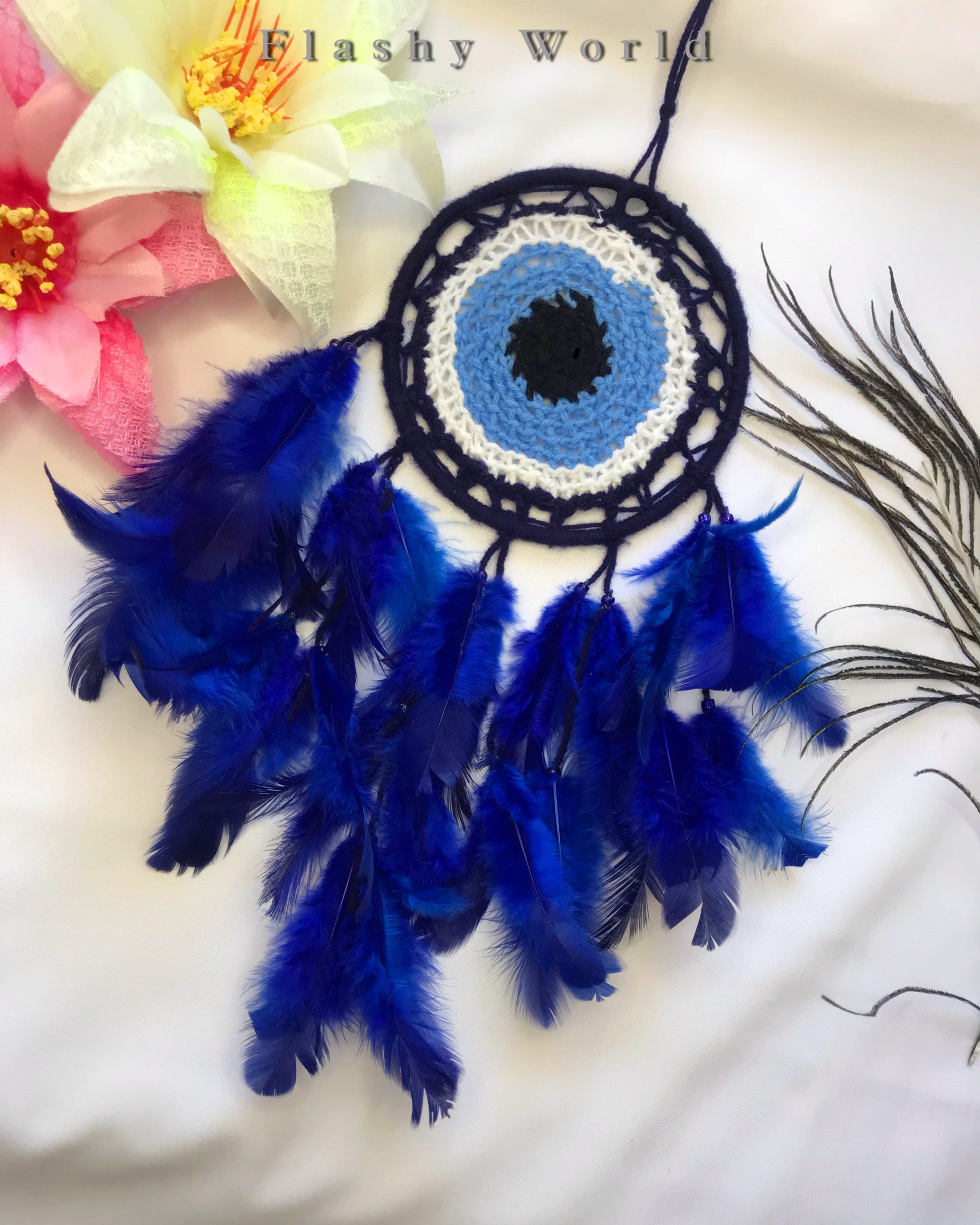 Mini Car Dream Catcher with Woolen Evil Eye & Blue-White Feathers | Handmade Car Hanging for Protection, Positivity & Good Luck