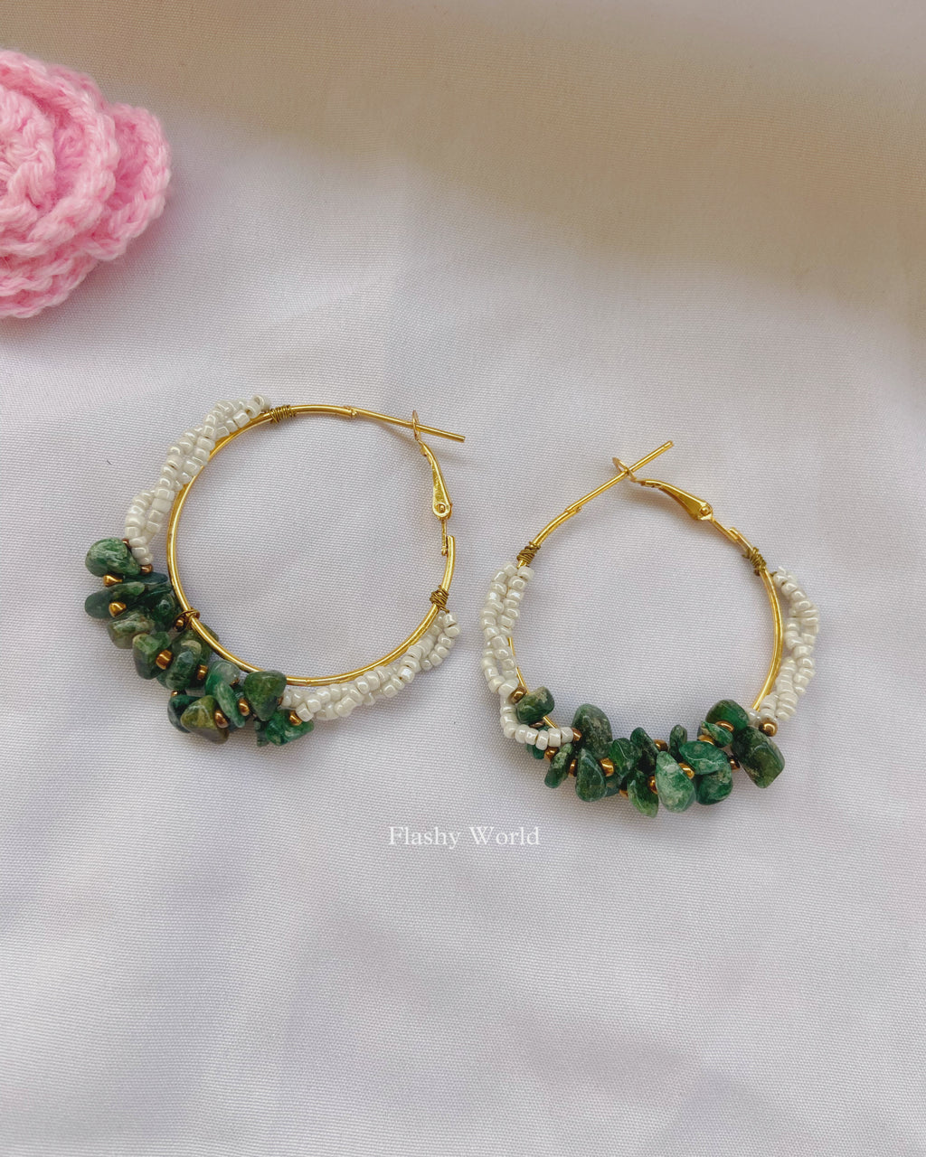 Handmade Green Jade Chip Beads Hoop Earrings | Natural Jade Crystal Earrings for Girls & Women