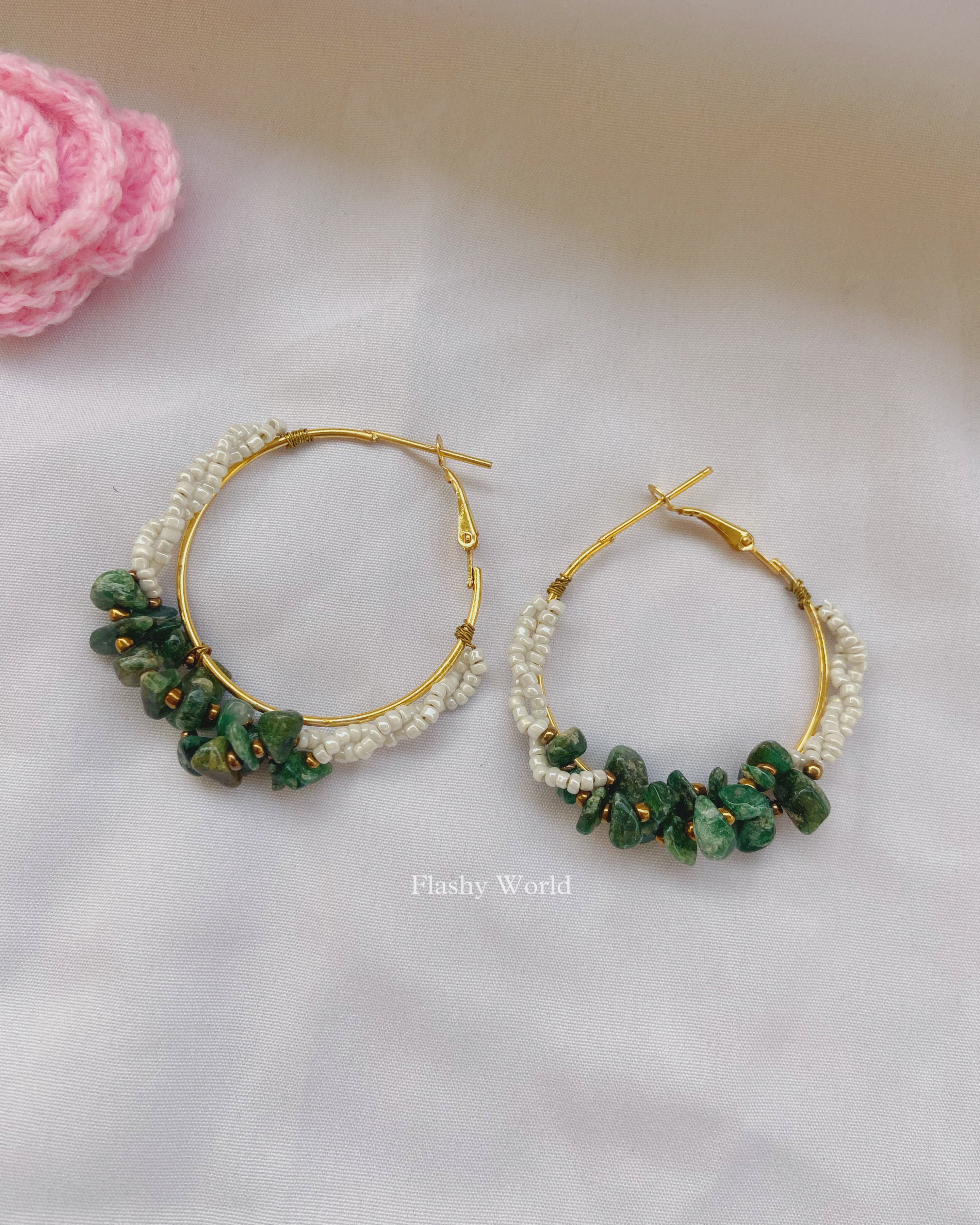 Handmade Green Jade Chip Beads Hoop Earrings | Natural Jade Crystal Earrings for Girls & Women
