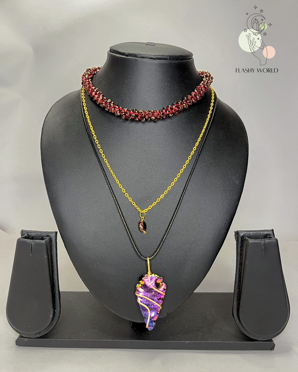 3-in-1 Garnet Choker Necklace Set with Aura Arrow Pendant | Handmade Crystal Jewelry for Women