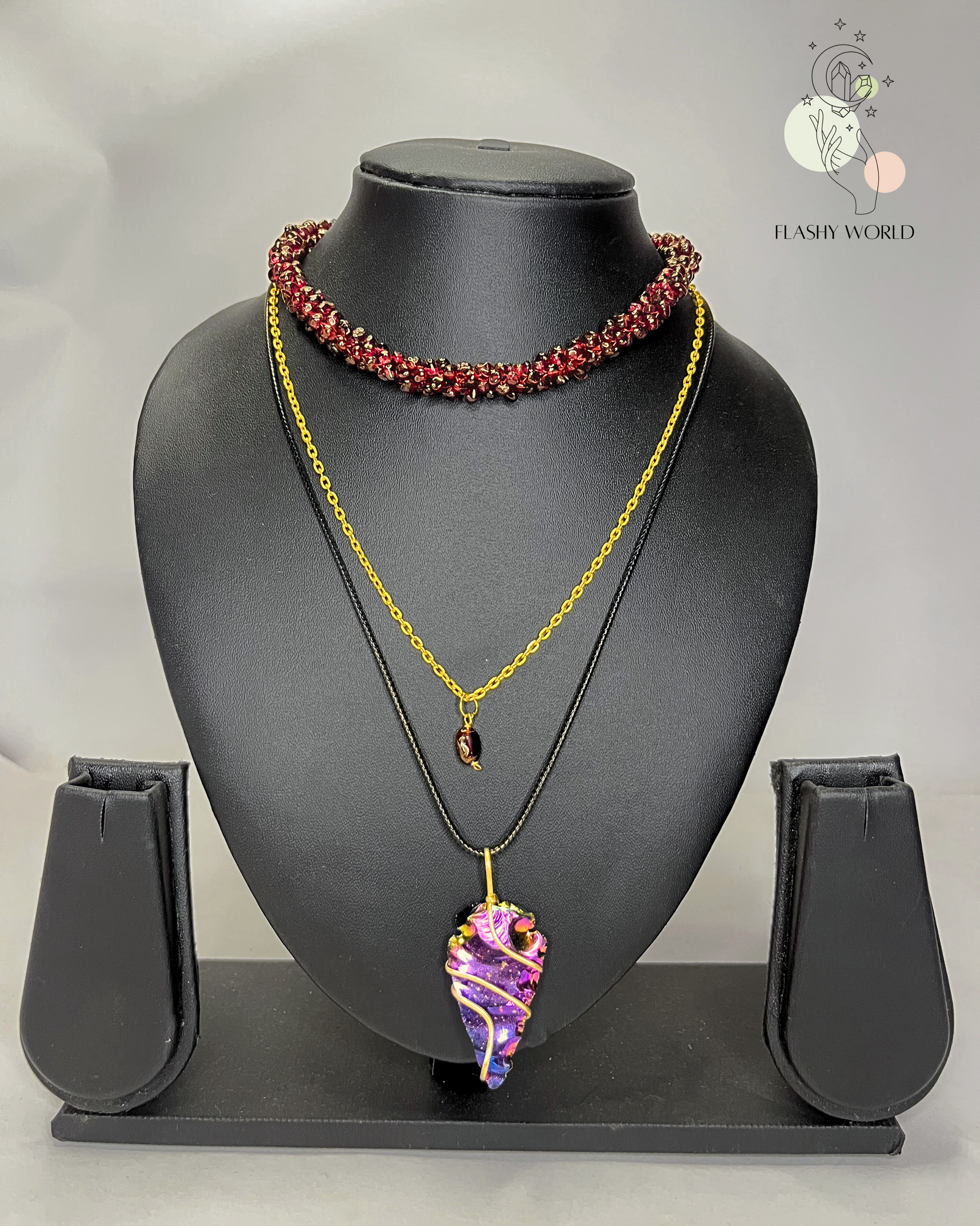 3-in-1 Garnet Choker Necklace Set with Aura Arrow Pendant | Handmade Crystal Jewelry for Women