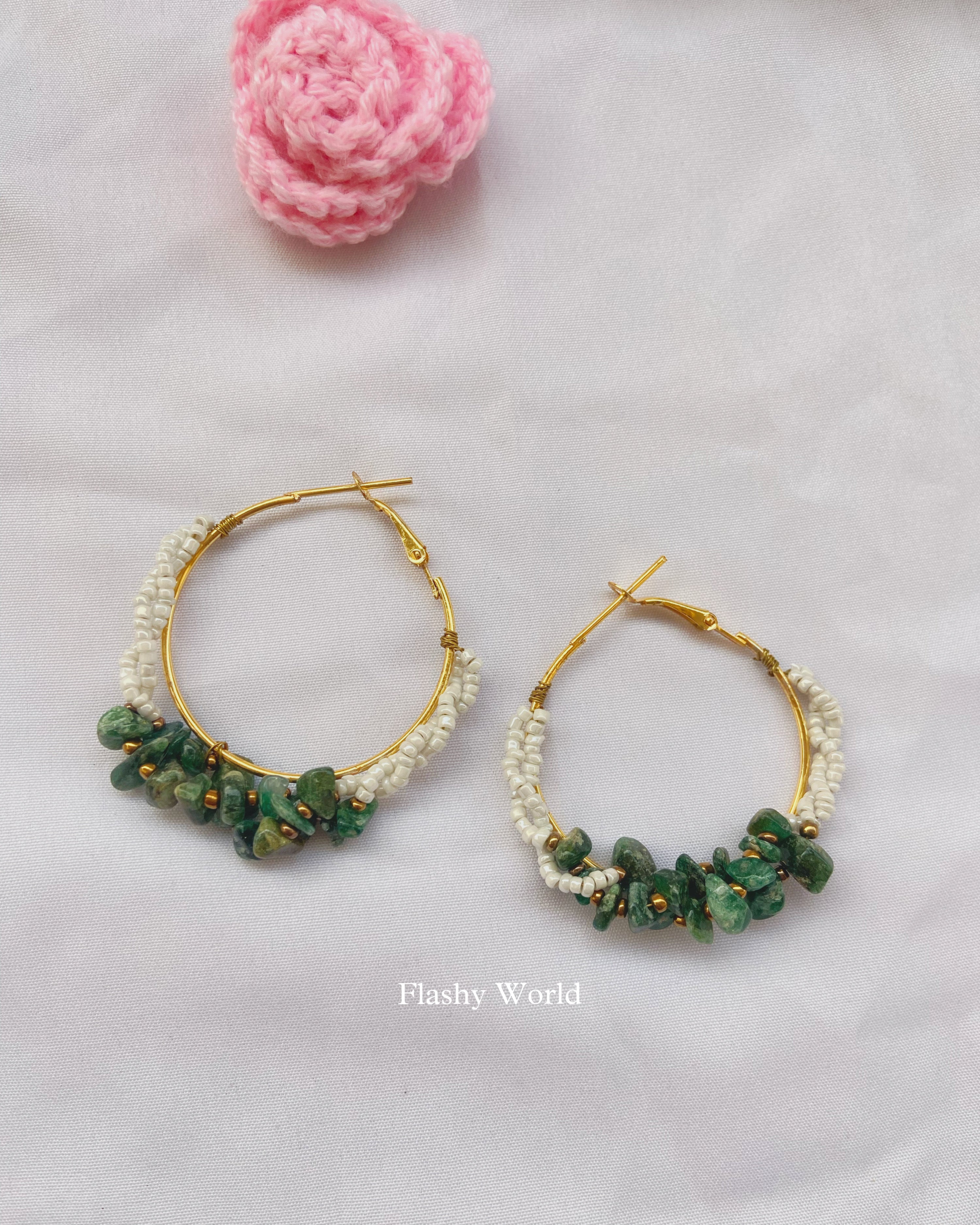 Handmade Green Jade Chip Beads Hoop Earrings | Natural Jade Crystal Earrings for Girls & Women