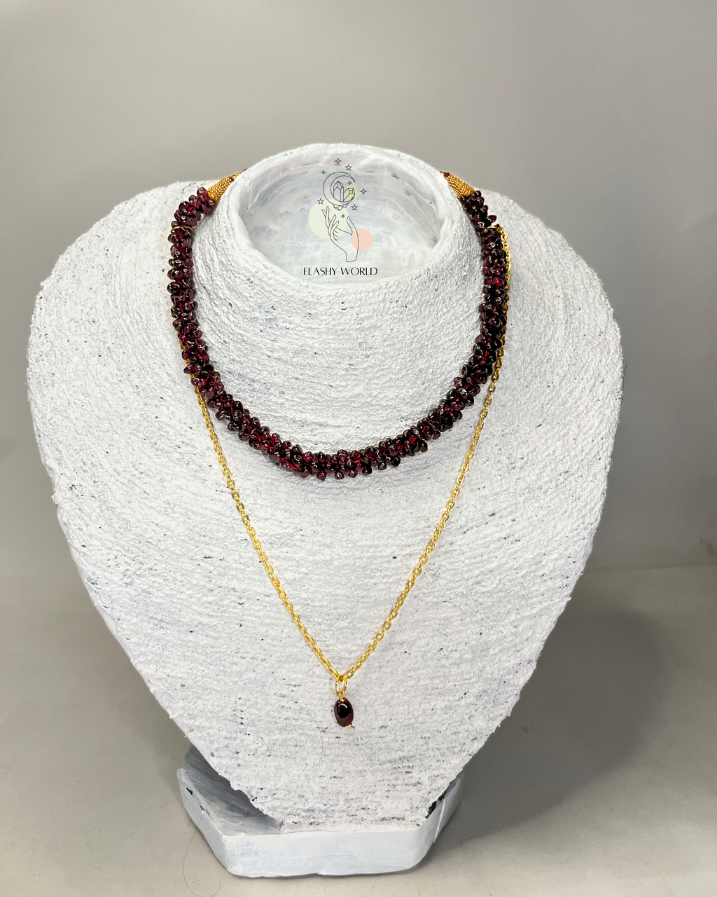 Handmade Garnet Choker Necklace Set | Dual Wear Beaded Garnet Necklace with Golden Chain | Natural Crystal Jewelry for Women