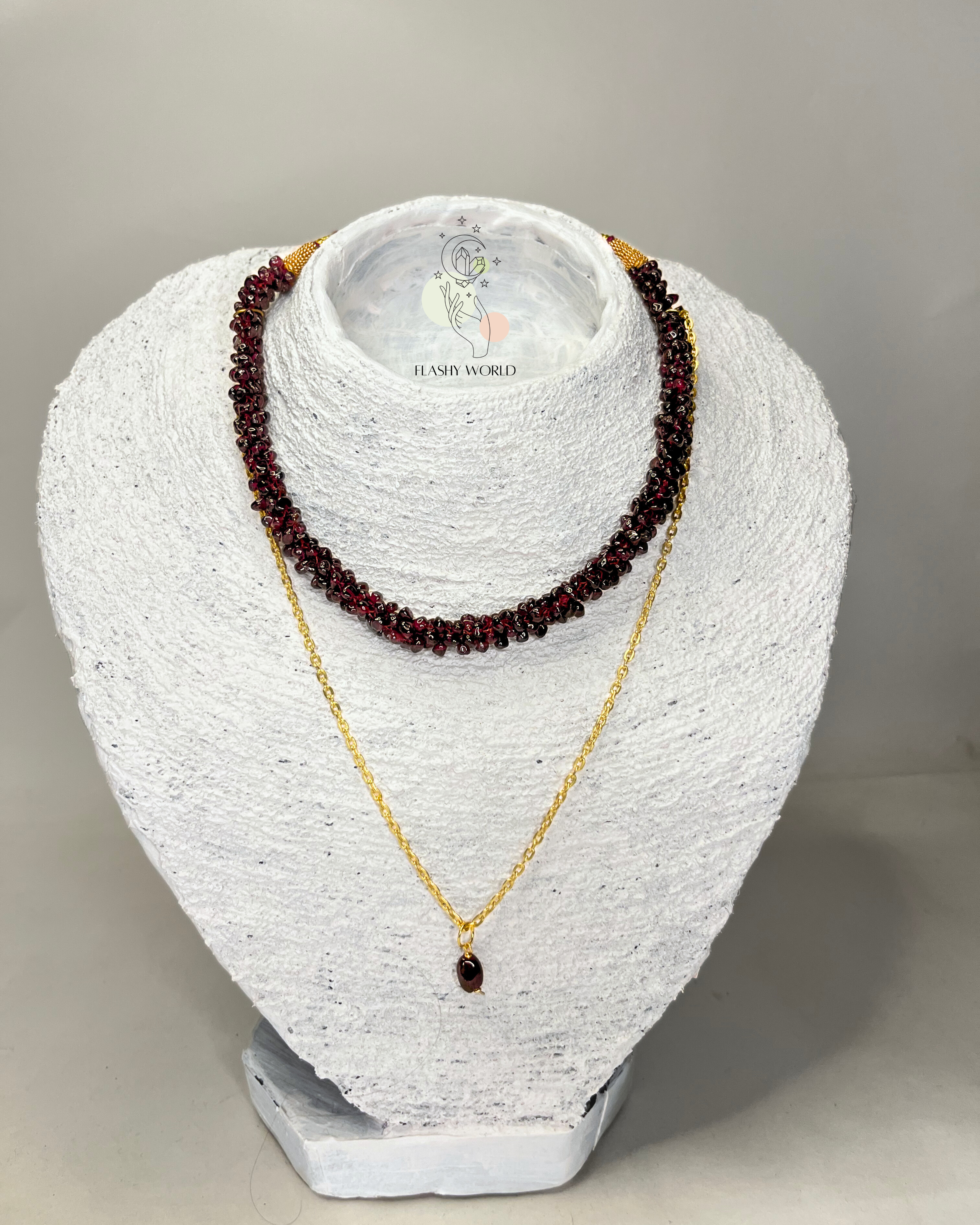 Handmade Garnet Choker Necklace Set | Dual Wear Beaded Garnet Necklace with Golden Chain | Natural Crystal Jewelry for Women