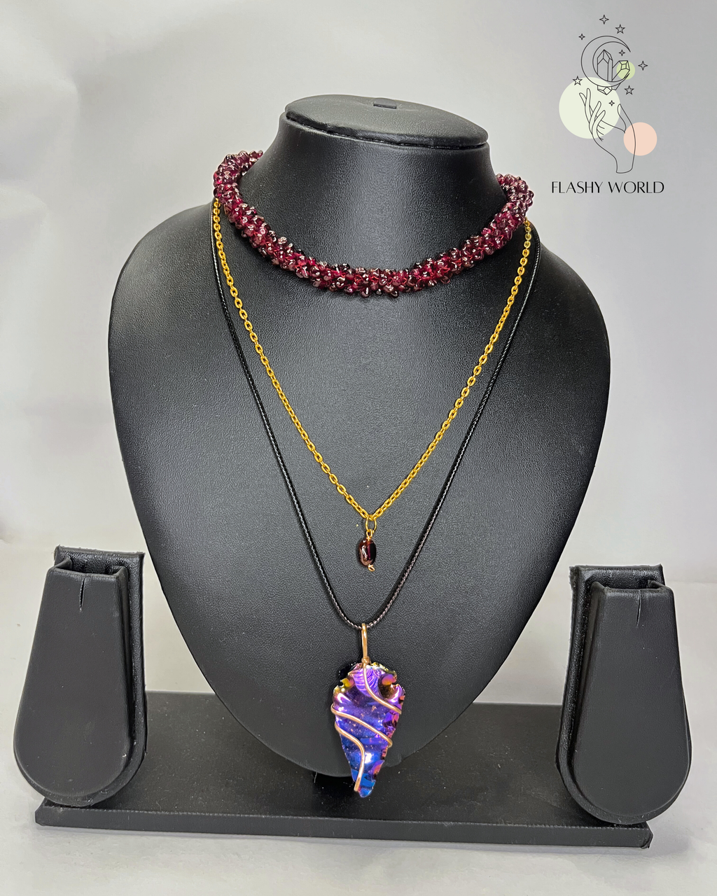 3-in-1 Garnet Choker Necklace Set with Aura Arrow Pendant | Handmade Crystal Jewelry for Women