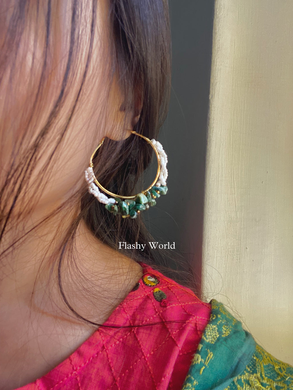 Handmade Green Jade Chip Beads Hoop Earrings | Natural Jade Crystal Earrings for Girls & Women