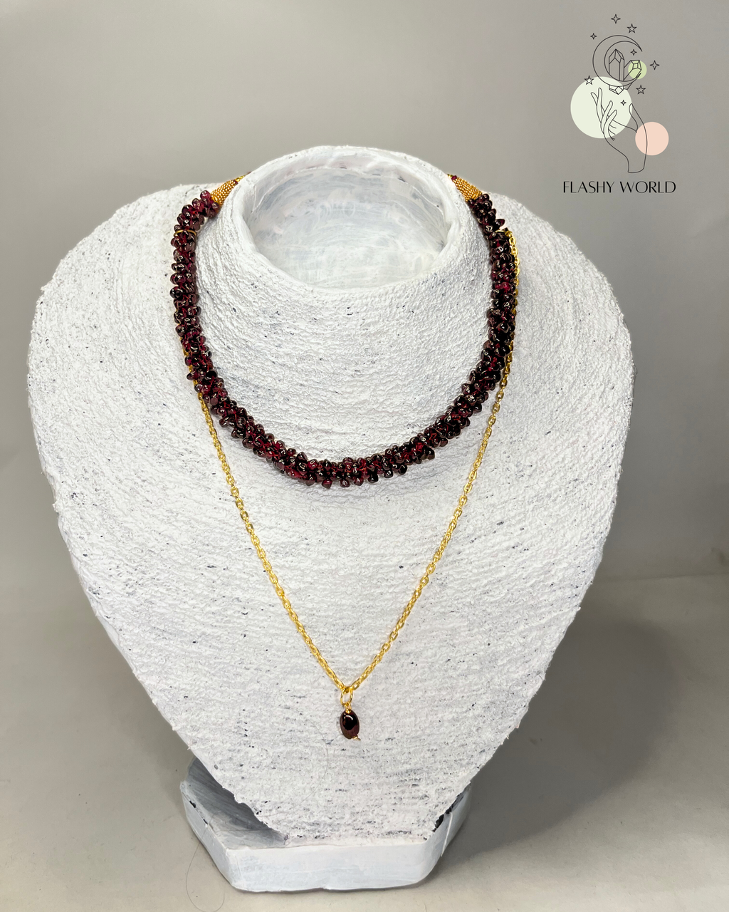 Handmade Garnet Choker Necklace Set | Dual Wear Beaded Garnet Necklace with Golden Chain | Natural Crystal Jewelry for Women