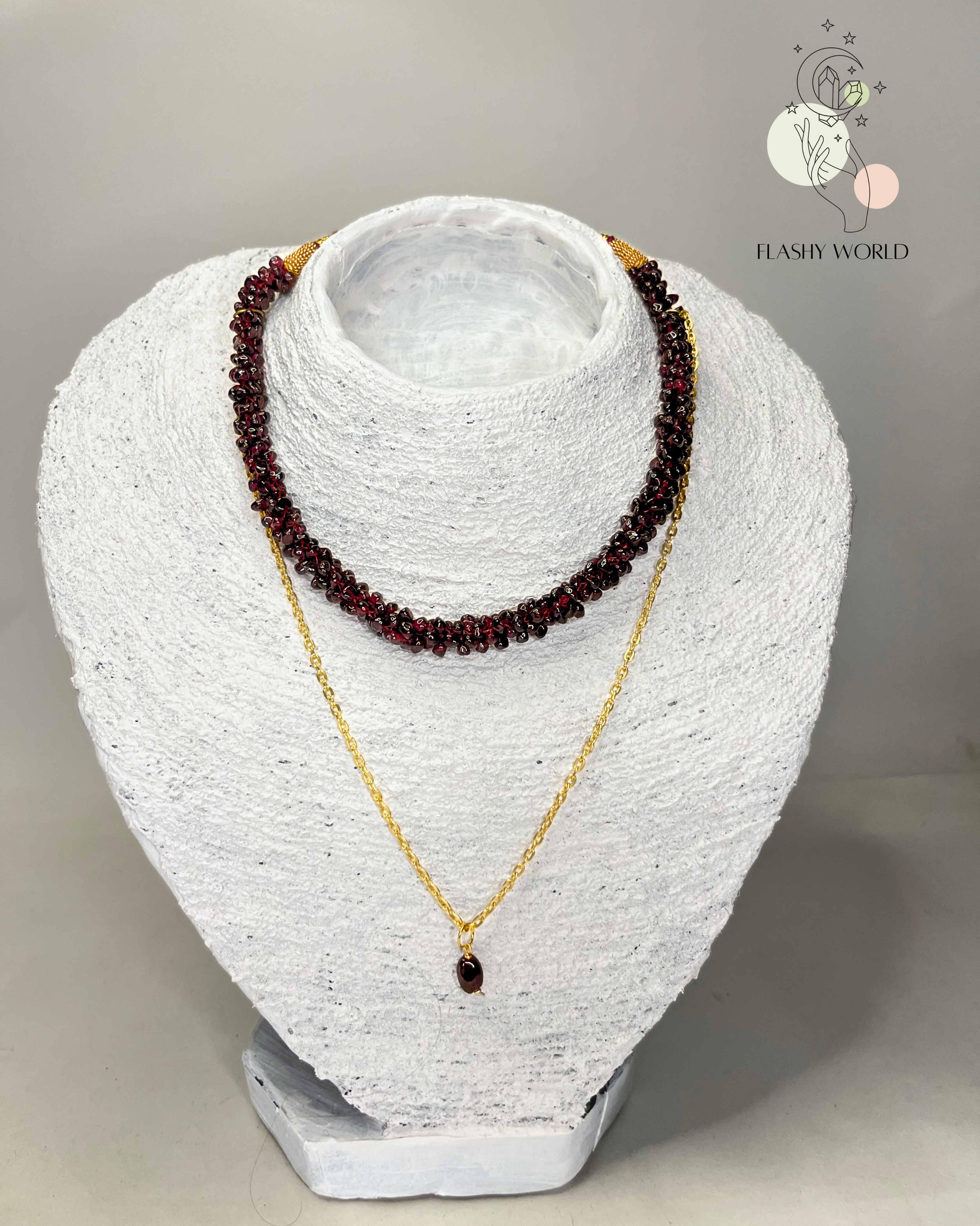 Handmade Garnet Choker Necklace Set | Dual Wear Beaded Garnet Necklace with Golden Chain | Natural Crystal Jewelry for Women